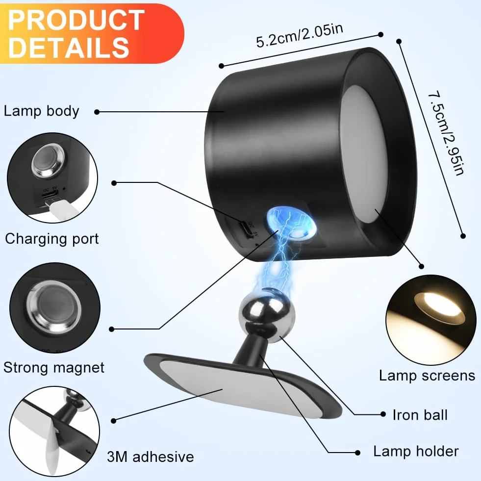 HOTUT Kinkiet Wewnętrzny, Obrotowa Lampka Nocna 360°, Ładowalna Lampa Ścienna Led z Pilotem, 12 Kolorów RGB, 3 Temperatury Barwowe Dla Łóżka, Sypialni, Salonu, Czarny