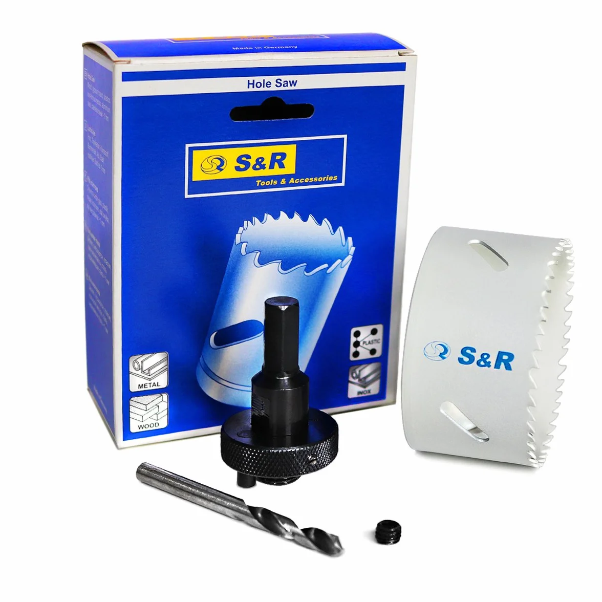 S&R Otwornica, HSS bimetal z uchwytem do otwornicy HEX – QUICK i wiertłem centrującym, uniwersalne do drewna, metalu, tworzywa sztucznego, płyt gipsowo-kartonowych (83 mm)