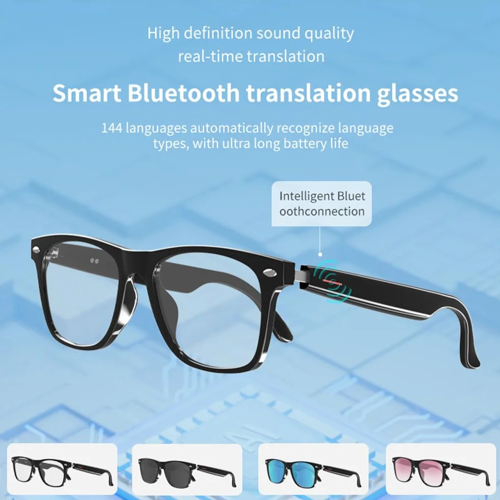 Inteligentne okulary AI dla mężczyzn/kobiet - Bluetooth z tłumaczeniem, redukcja szumów, filtr niebieskiego światła i wymienne soczewki (czarny/niebieski/różowy) do biura / na zewnątrz - czarne