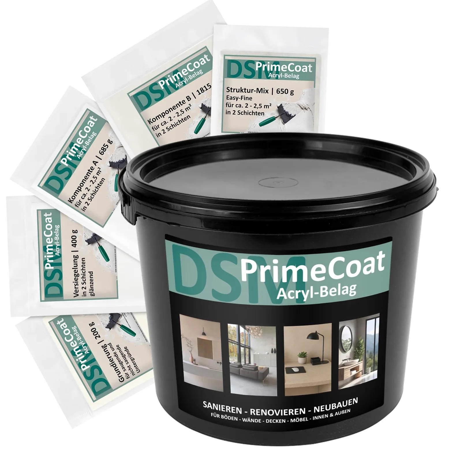 DSM PrimeCoat akrylowa wykładzina szpachlowa masa szpachlowa do bezspoinowego prysznica i łazienki – zestaw na ok. 4-5 m², M24 szary drogowy, wraz z mieszanką strukturalną Easy Fine – na ścianę