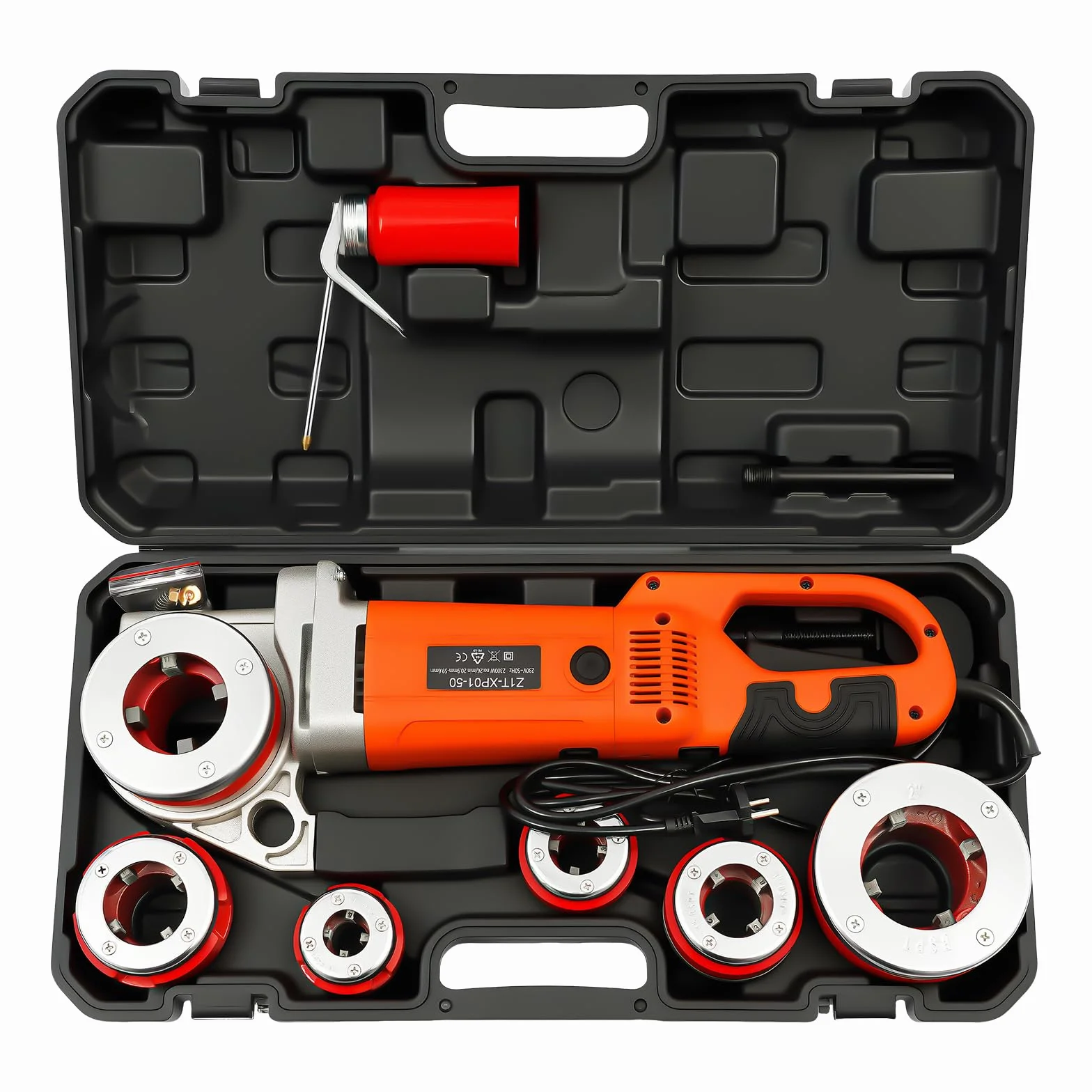 Elektryczna maszyna do gwintowania, 6 matryc 1/2", 3/4", 1", 1-1/4", 1-1/2", 2", 2300 W, 25 obr./min, zestaw zwojów do gwintowników elektrycznych