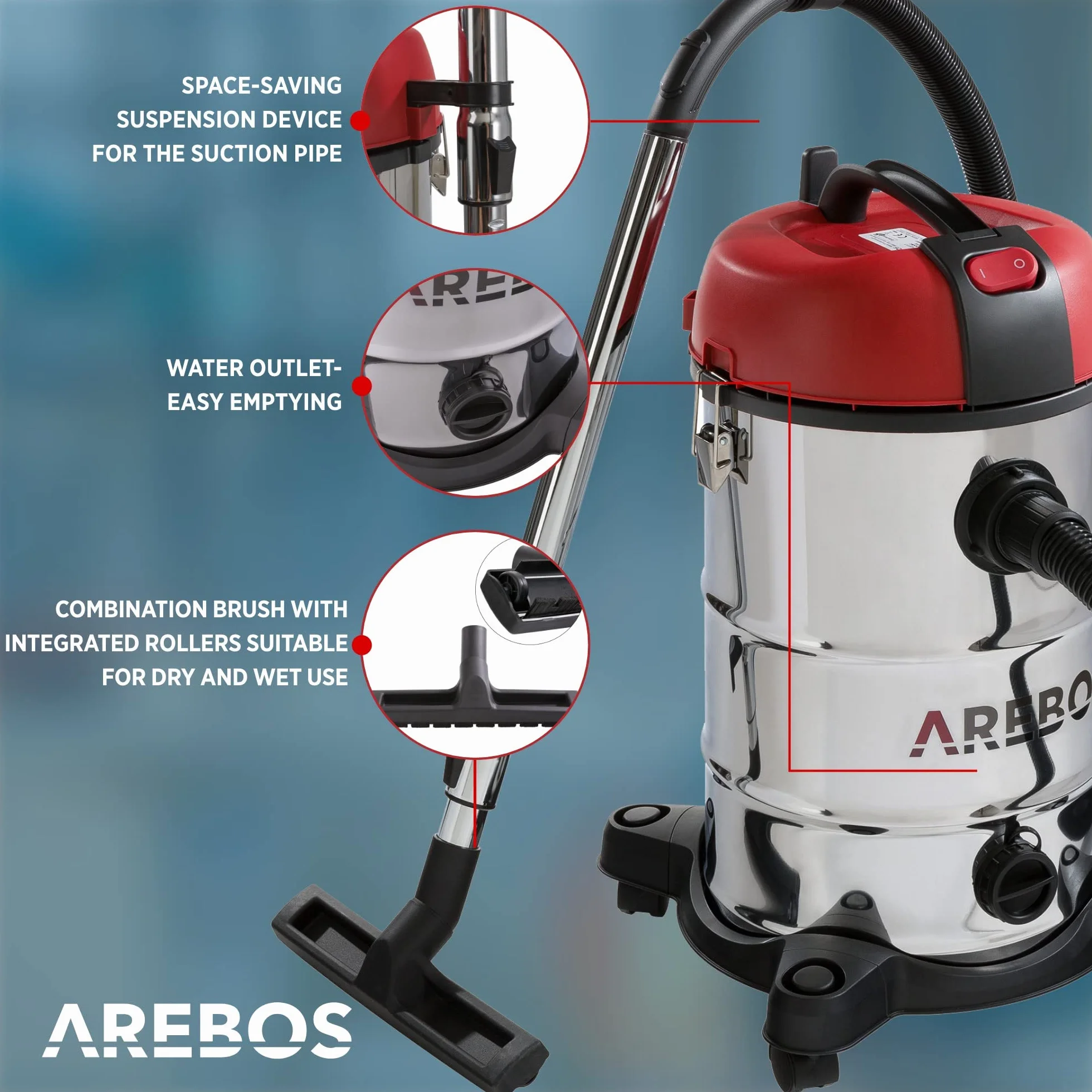 Arebos Odkurzacz przemysłowy | Odkurzacz do pracy na mokro i na sucho z filtrem | 1800W | 30L | Stal nierdzewna | Czerwony