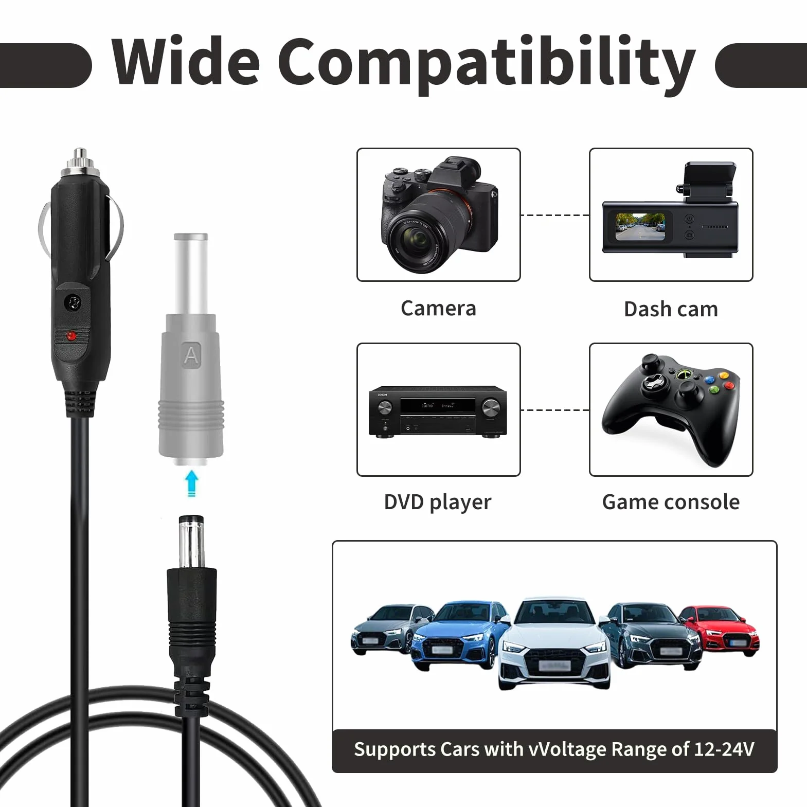 Kabel do ładowarki samochodowej 12V 8 końcówek DC 5,5x2,1mm adapter zapalniczki