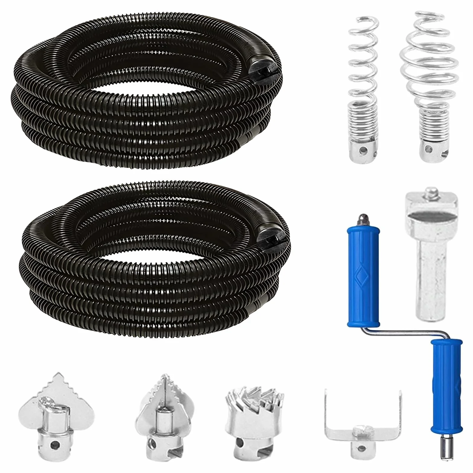 Spirala do czyszczenia rur, spirala do czyszczenia odpływów, 5 m x Ø 12 mm, wielofunkcyjny wałek do czyszczenia rur z elektrycznymi i ręcznymi adapterami, do czyszczenia rur z 6 głowicami
