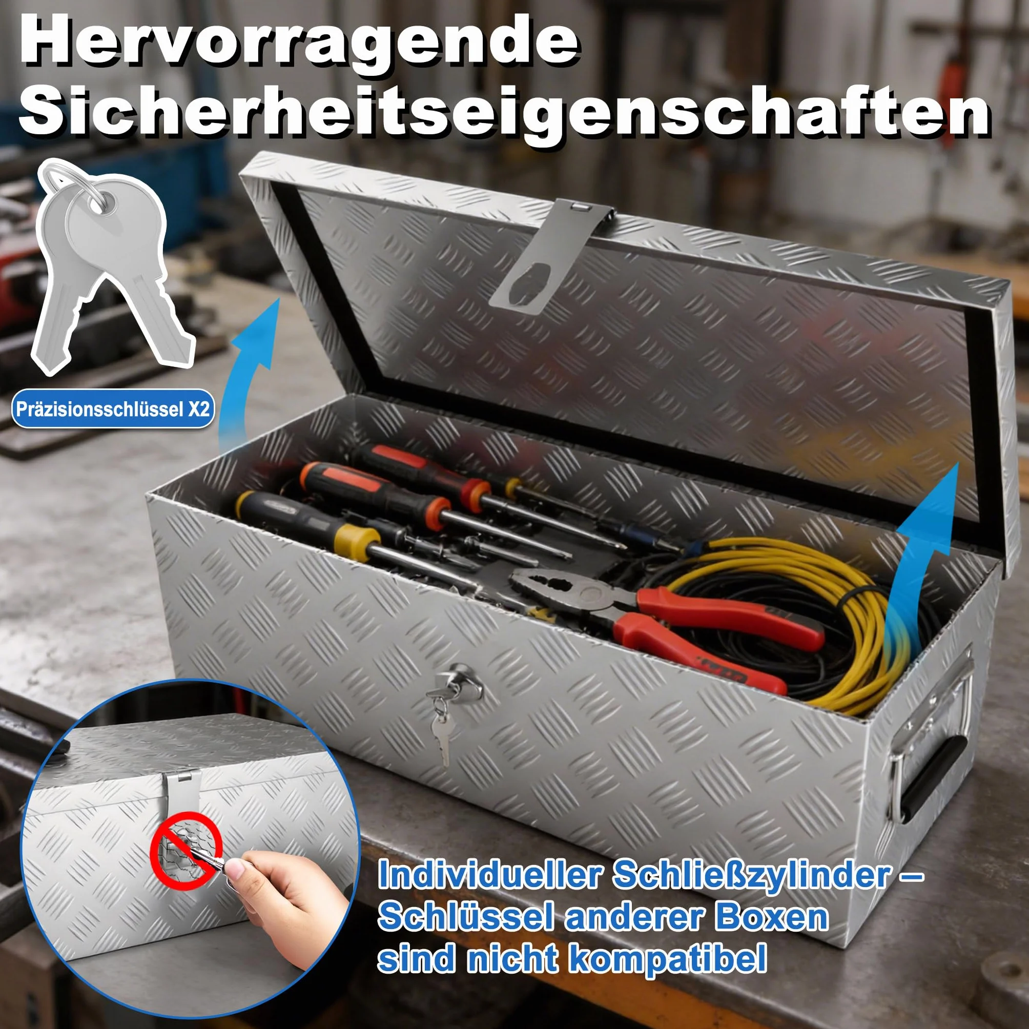 ACXIN Pudełko do przechowywania, aluminiowe pudełko na narzędzia, 600 x 260 x 200 mm, aluminiowa skrzynka na narzędzia z zamkiem i 2 kluczami, wytrzymała, zamykana skrzynka na dyszel, stabilna i