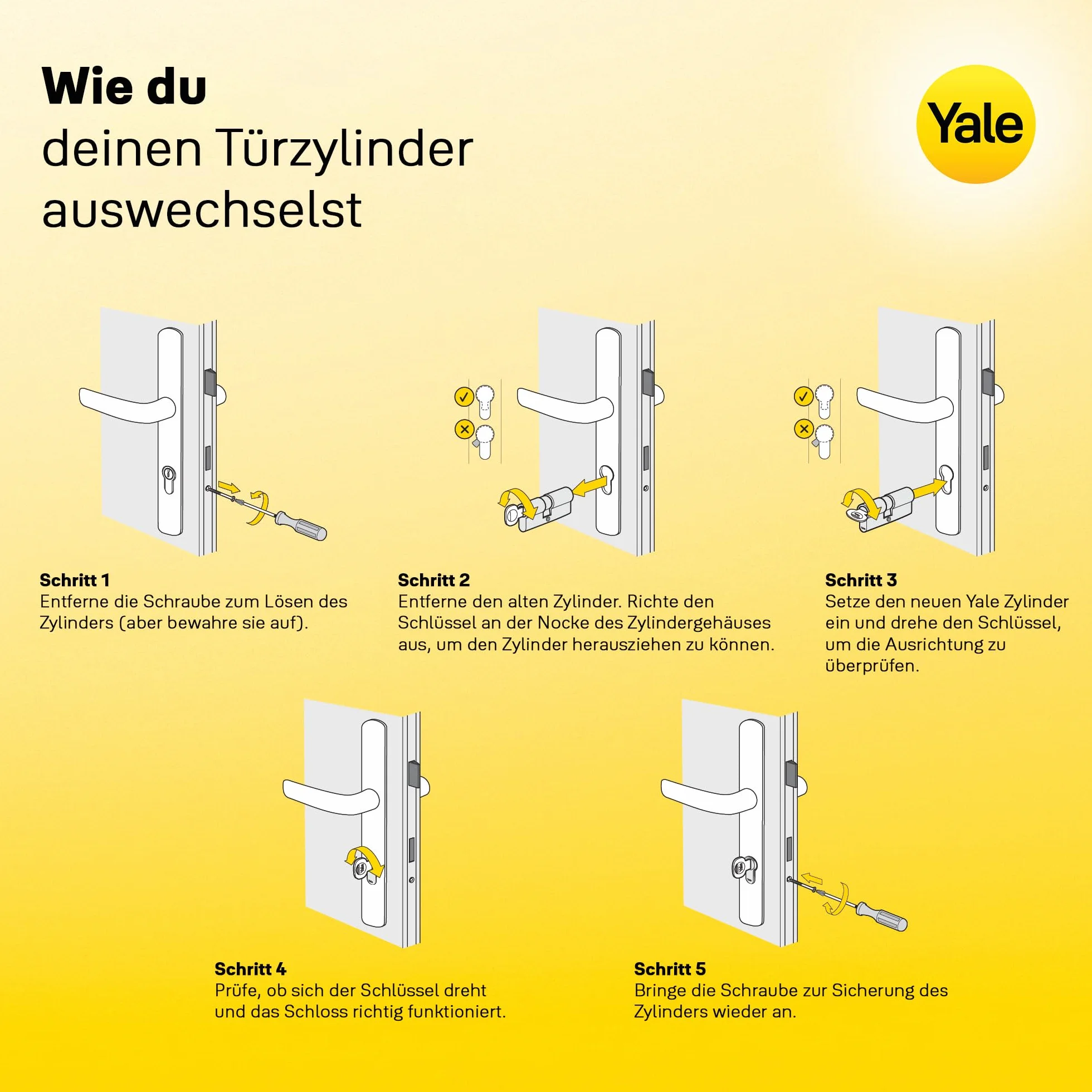 Yale Wkładka europrofilowa 2100 Seria 30/45K mm Mosiądz polerowany Wkładka z gałką, w zestawie 5 klucze zapewnia maksymalne bezpieczeństwo, odpowiednia do drzwi wewnętrznych i biur
