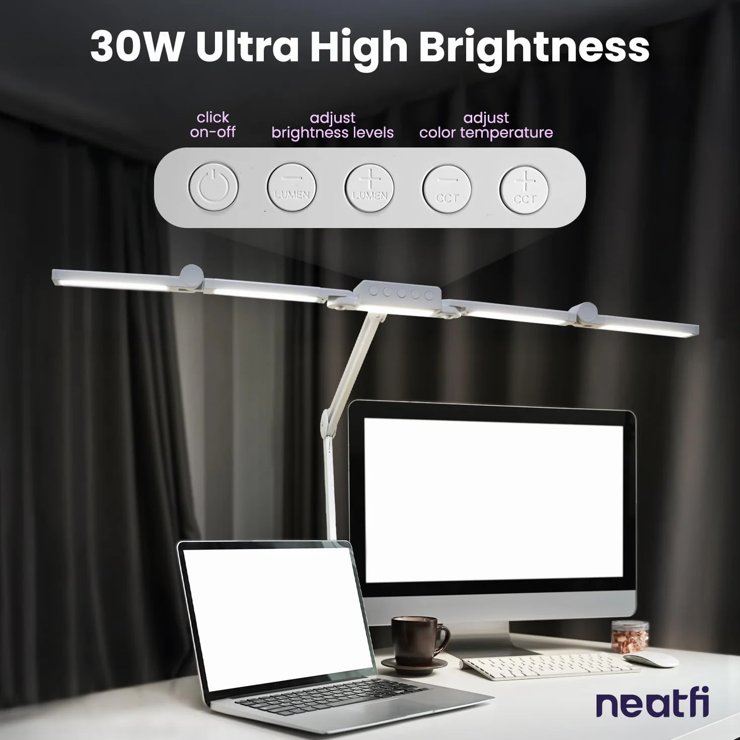 Neatfi lampa biurkowa LED 3 000 lumenów, regulowana lampa biurkowa z 360 diodami LED SMD, 30 W, CRI 95, regulowana temperatura barwowa do domu i biura (CCT z Zaciskiem, Biały, 112 CM)