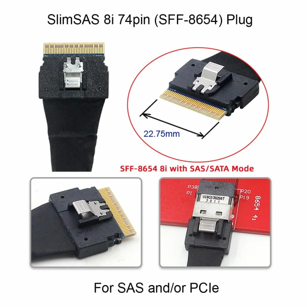 CY Cable Slimline SAS 4.0 SFF-8654 8i 74pin Host Raid do 8 SATA 7Pin Target HDD-Fanout Raid Kabel 1 do 8 rozdzielacz (100 cm)