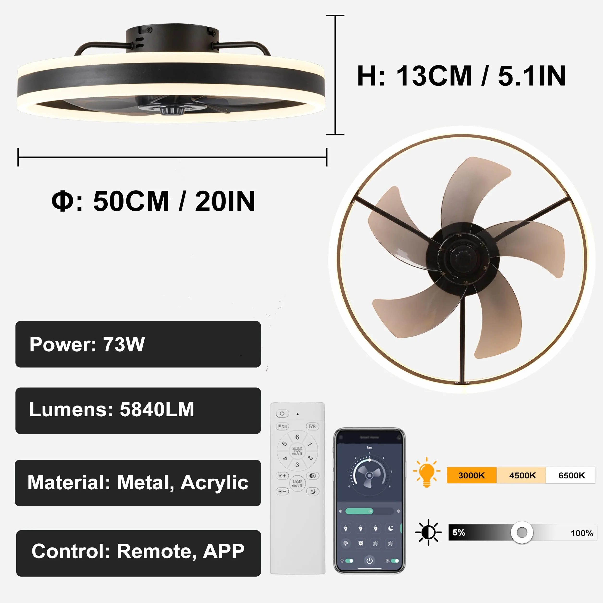 Cichy Wentylatory sufitowe z lampą Pilot, Nowoczesny Oświetlenie Lampa sufitowa z wentylatorem LED 58W Lampy sufitowe z wentylatorem Do Sypialnia Salon, 6 prędkości, Czarny 50CM