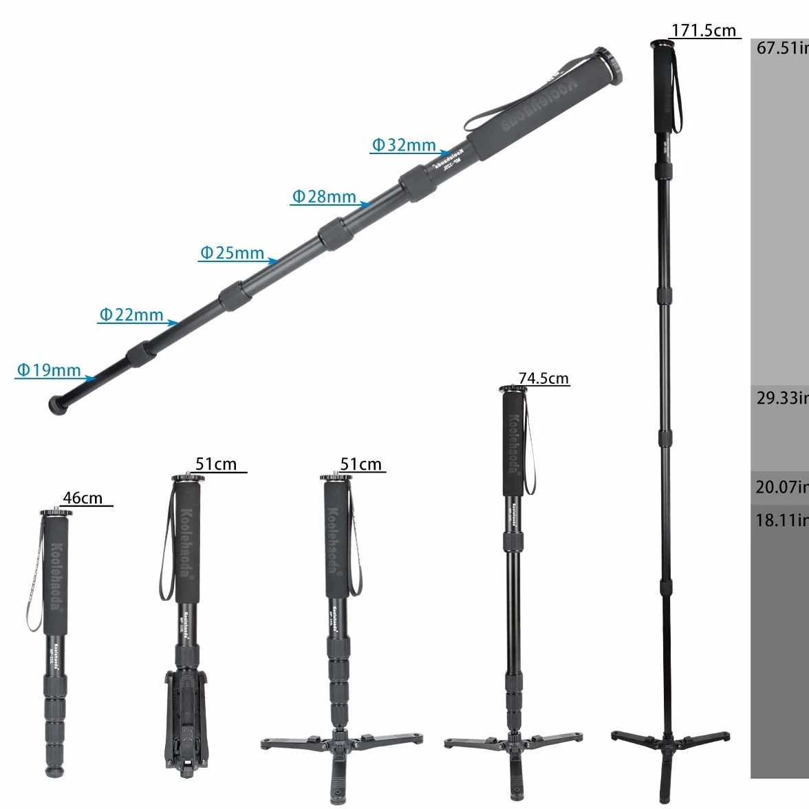 Koolehaoda MP-325L Monopody do aparatu, aluminiowy monopody teleskopowy 171 cm z podstawą statywu do lustrzanek cyfrowych, nośność 10 kg