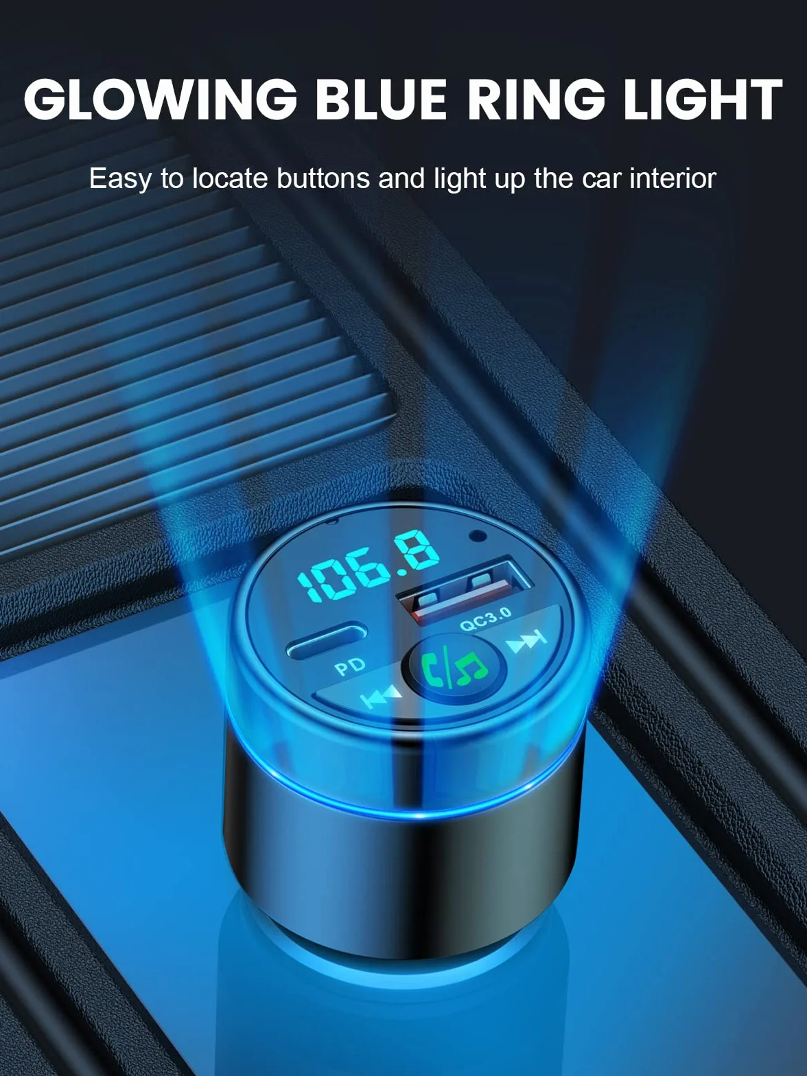 Mohard Nadajnik FM Bluetooth 5.3, całkowicie metalowy samochód Bluetooth, szybka ładowarka samochodowa PD 30 W typ C+ QC3.0, z redukcją szumów podczas rozmów w trybie głośnomówiącym, muzyka Hi-FI,