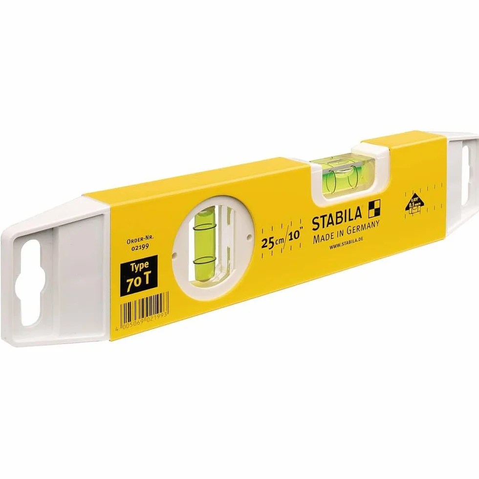 STABILA Poziomica Torpedo typ 70 T, 25 cm, lekki profil aluminiowy, 1 libela pozioma, 1 libela pionowa, Made in Germany