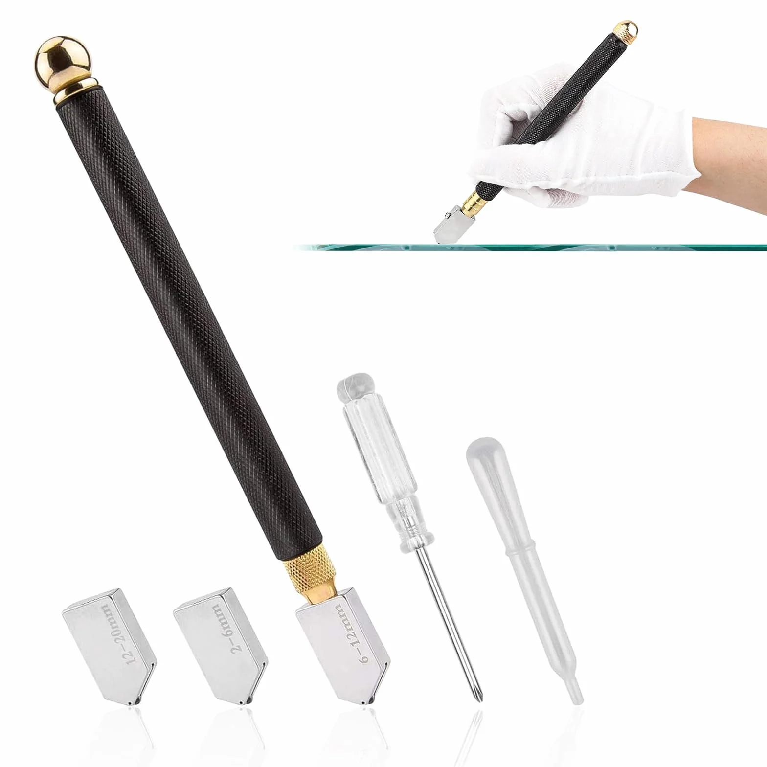 Narzędzia do cięcia szkła, nóż do szkła, 2 mm - 20 mm, nóż do szkła, nóż do szkła, nóż do szkła, narzędzie do cięcia szkła, z ergonomicznym uchwytem i wymiennymi 3 głowicami tnącymi z twardego metalu