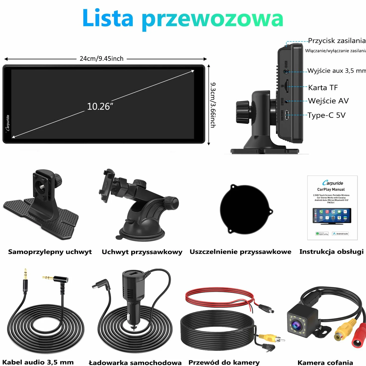 Carpuride V92R Przenośny Ekran Carplay 10,26-calowy HD 1080P Bezprzewodowy Android Auto z Kamerą Cofania 720P