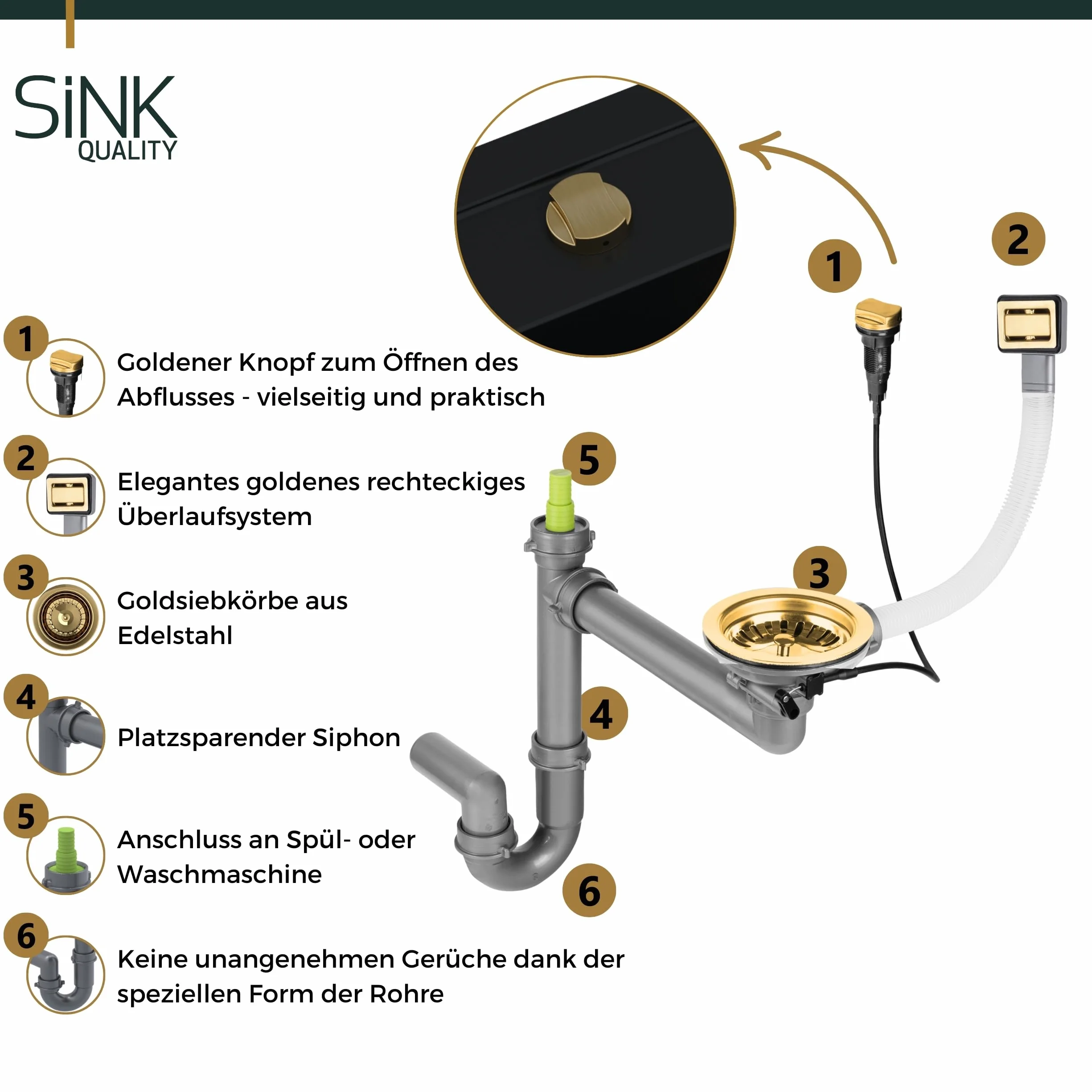 Zlewozmywak empiria SINK QUALITY granitowy czarny z złotymi plamami 62x46 - zlewozmywak z złotym syfonem, podstawka do spuszczania wody, środek do impregnacji - zlewozmywak kuchenny z powierzchnią do