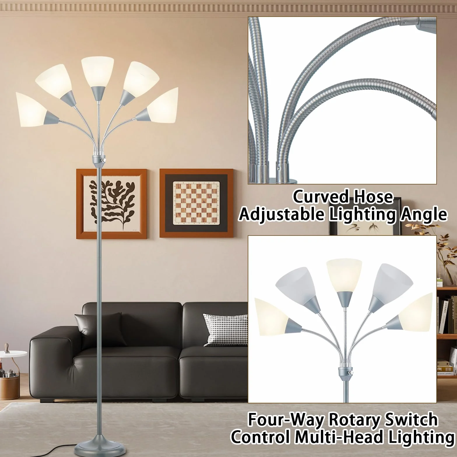 HonoDing Meduza Lampy Podłogowe Lampy Podłogowe 5 Głowic Regulowana Lampka do czytania Duży Klosz Wykorzystuje Lampy Podłogowe E26 Żarówka A19 Do Salonu Sypialni (Srebrny)
