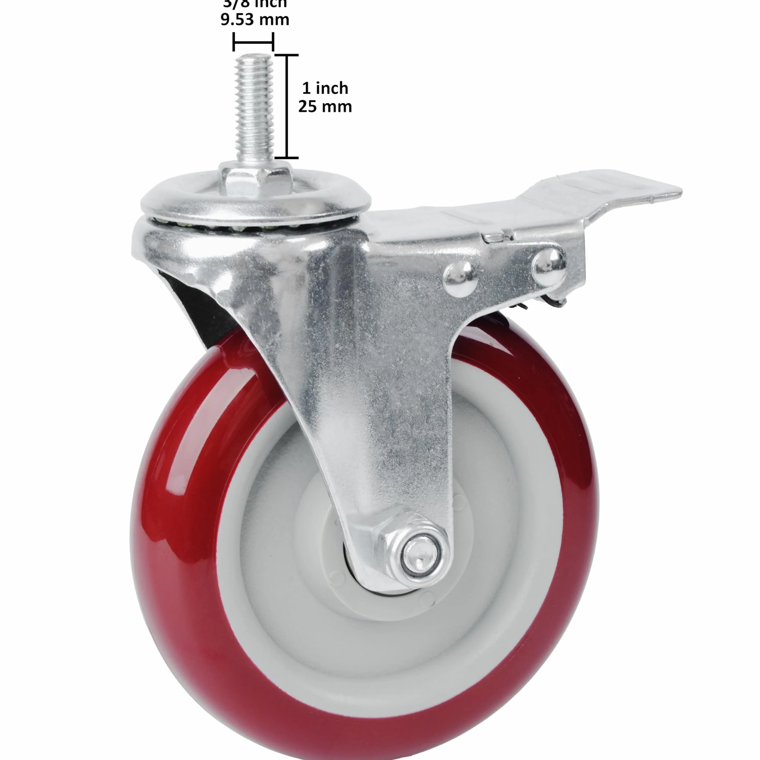 Zestaw 4 kółek obrotowych 5-calowych z trzpieniem gwintowanym, wytrzymałych, 3/8"-16 x 1, z hamulcem, z poliuretanu, z blokadą przemysłową, do wózków/mebli, 2200 funtów, gładkie kółka, czerwone