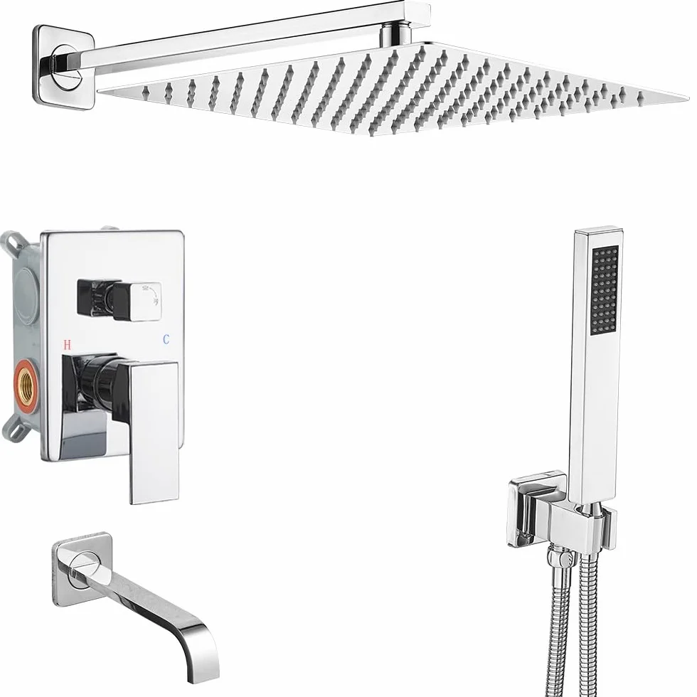 Chromowany system prysznicowy z wylewką wanną naścienny zestaw baterii prysznicowej do łazienki z wysokociśnieniową głowicą deszczową 30 cm i słuchawką prysznicową