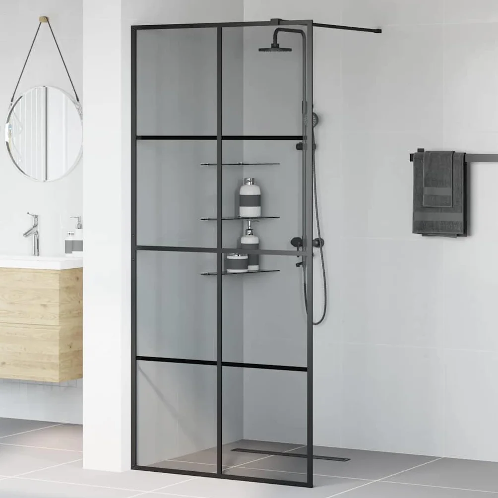 Ścianka prysznicowa Walk-in, czarna, 90 x 195 cm, z hartowanego szkła bezpiecznego, bez ramy, ze stabilnym profilem aluminiowym, regulowana 89-90 cm, ochrona przed pryskaniem drzwi wnękowych do