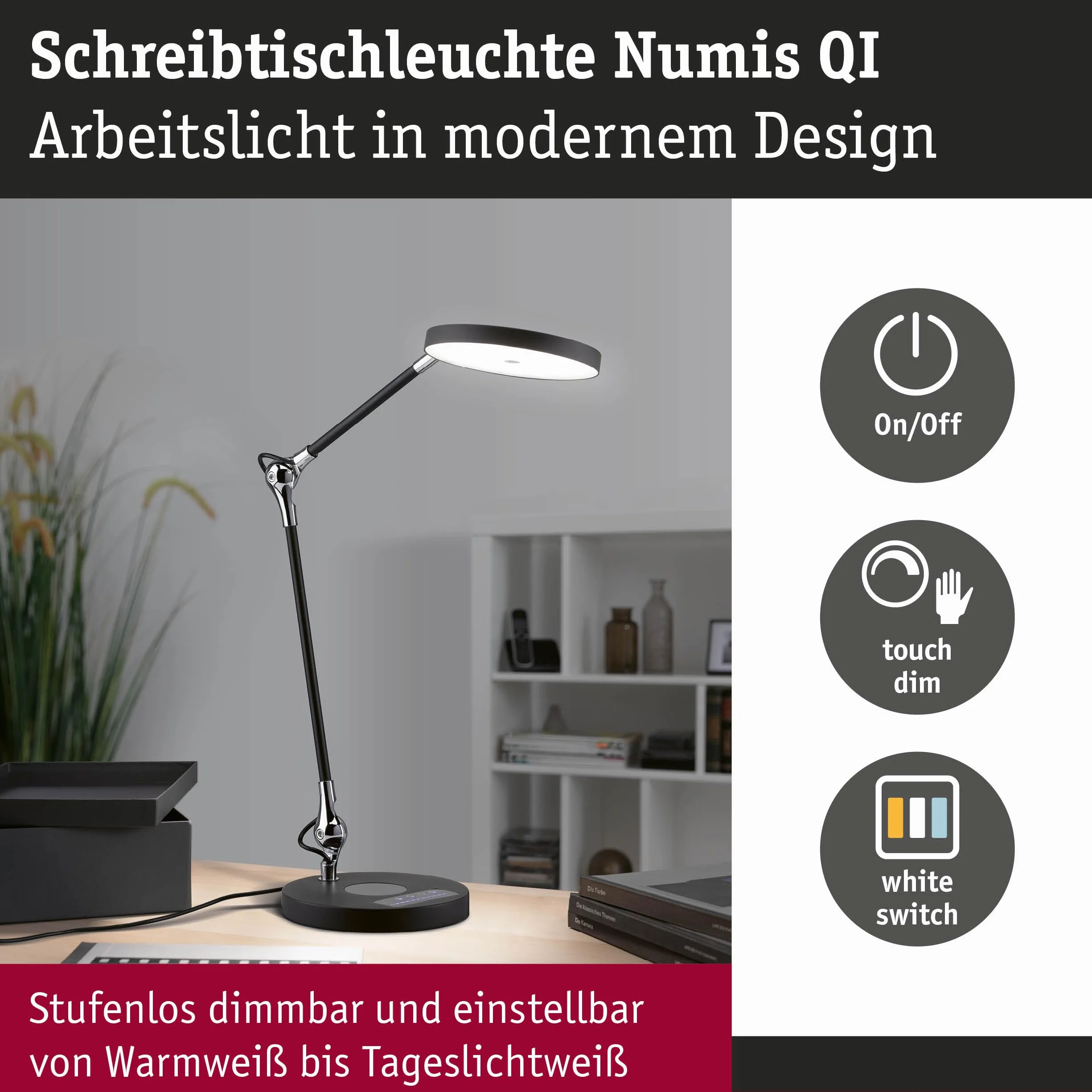 Paulmann 78910 LED oprawa na biurko Numis White Switch Qi funkcja ładowania w kompl. 1x11 W ściemniana czarna aluminium, tw. sztuczne 2700 - 6500 K