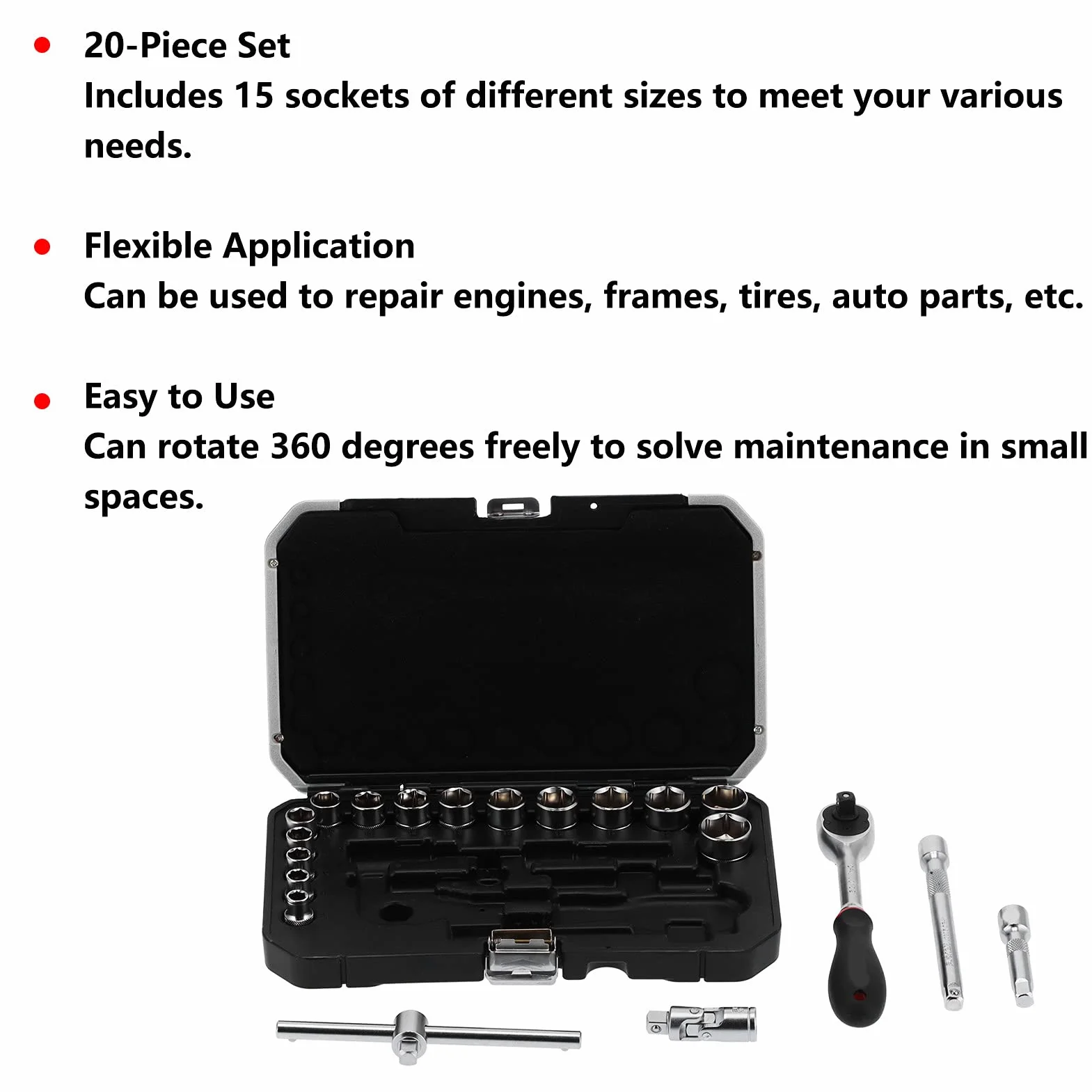 Ejoyous Zestaw Kluczy Nasadowych FIXMAN CR V Stal Chromowo-wanadowa 20 szt. 3 8-calowy Klucz Grzechotkowy z 15 Nasadkami 2 Przedłużacze do Ramy Silnika Samochodowego Naprawa Opon