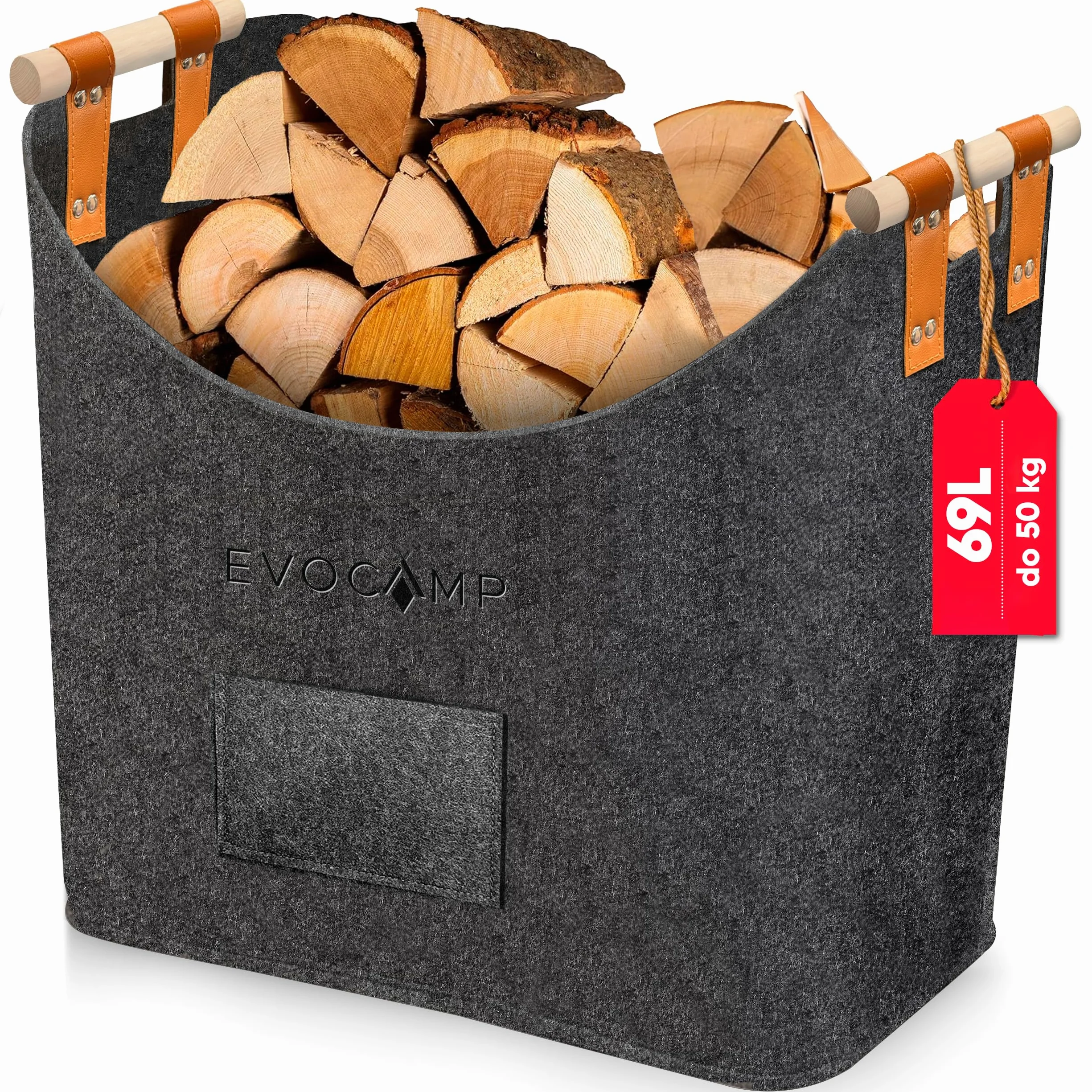 EVOCAMP duży filcowy kosz na drewno i przechowywanie, XXL kosz kominkowy z filcu w ciemnoszarym kolorze, z drewnianymi uchwytami, torba na drewno 44x44x30 cm