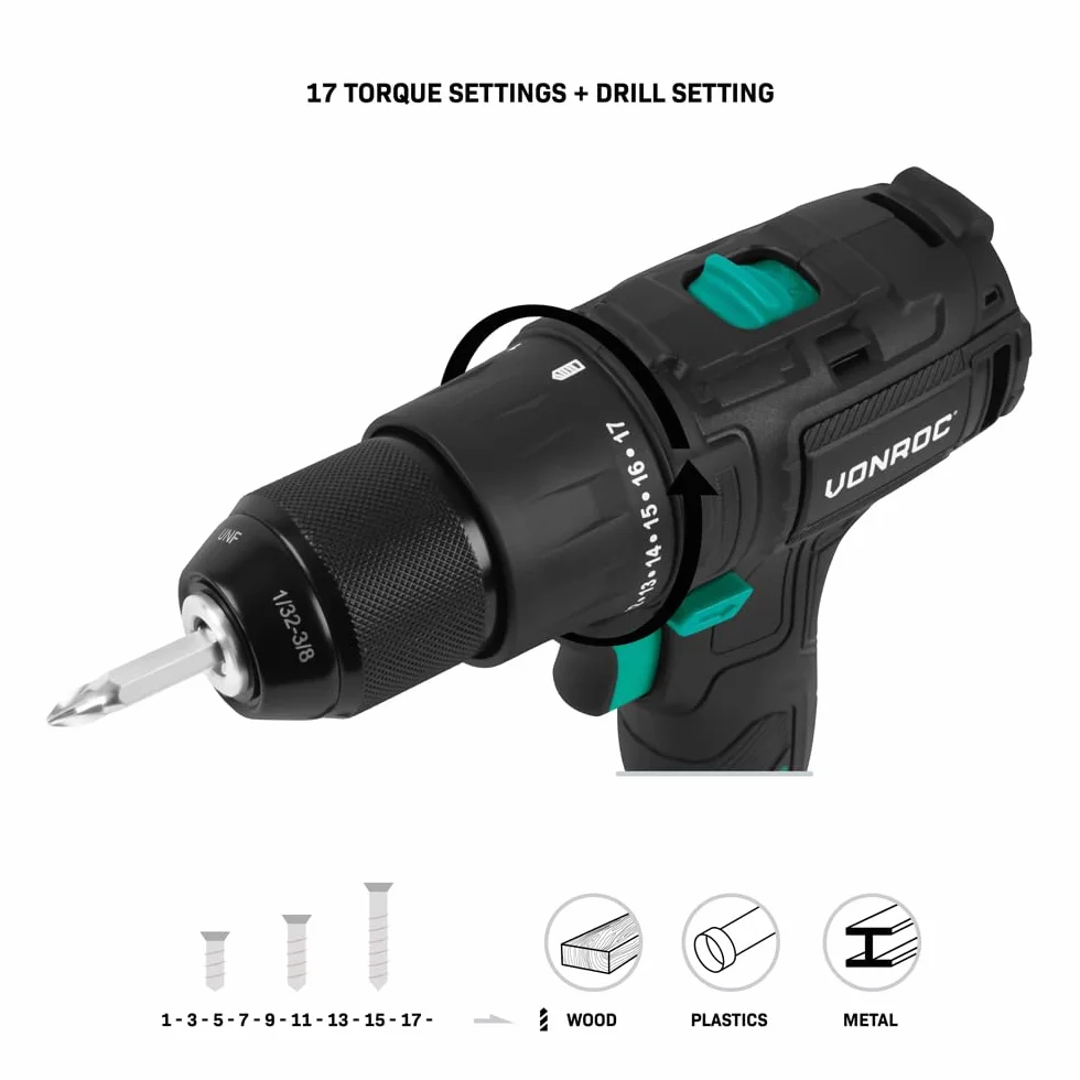 VONROC PRO Wiertarko-Wkrętarka Akumulatorowa 20V 40Nm Bezszczotkowa | 4.0Ah | 2 Biegi 0-1600 obr./min | Metalowy Uchwyt 10mm | 17+1 Ustawień | LED | VPower (aku 4.0Ah i ładowarka)