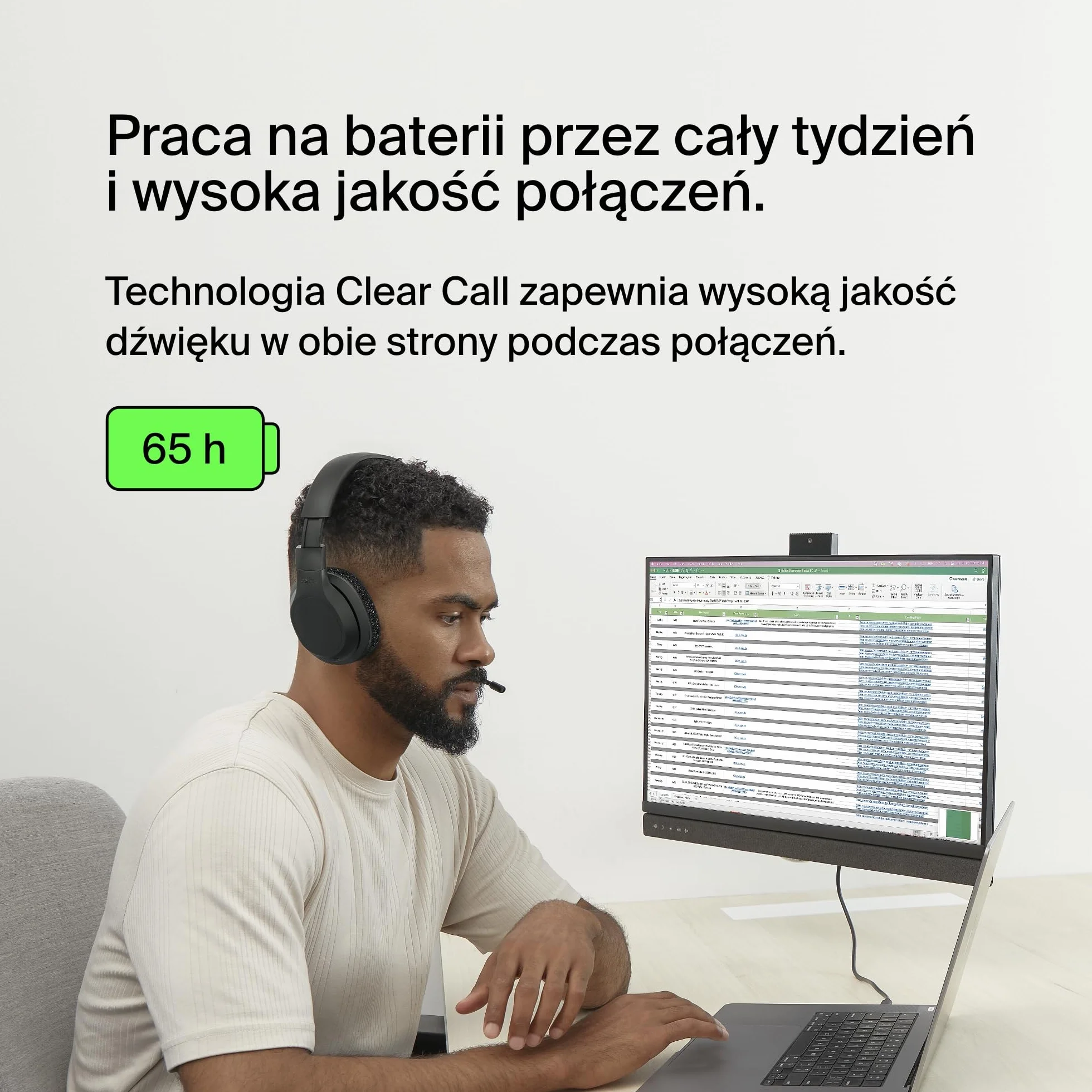 Belkin SoundForm Adapt Bezprzewodowe Słuchawki Bluetooth Nauszne z Mikrofonem, Multipoint, 65h Baterii, ENC