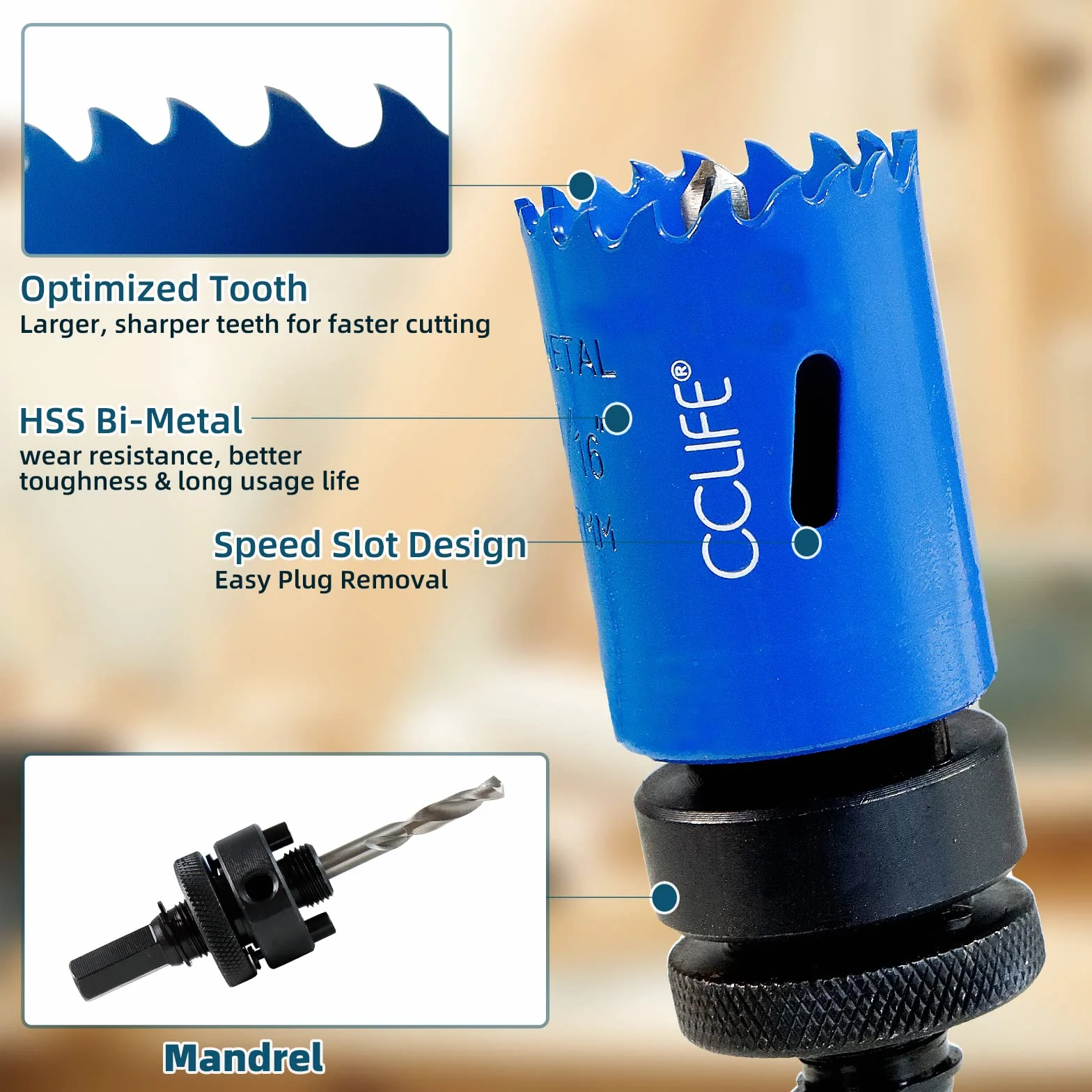 CCLIFE Zestaw otwornic bimetalowych, 8-częściowy M3 HSS-CO Ø 22-64 mm | 38 mm głębokości cięcia | Wiercenie otworów w stali nierdzewnej, lekkim metalu, drewnie, PCV, plastiku itp.
