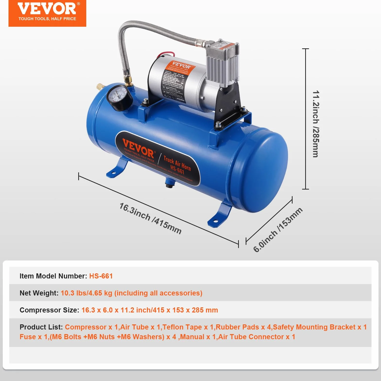 VEVOR Zughorn sprężarka powietrza ze zbiornikiem 6 l, 12 V, zestaw kompresorów powietrza 90-120 psi, zintegrowany system sprężarki powietrza do pompowania opon, ciężarówek, SUV-ów itd. Niebieski