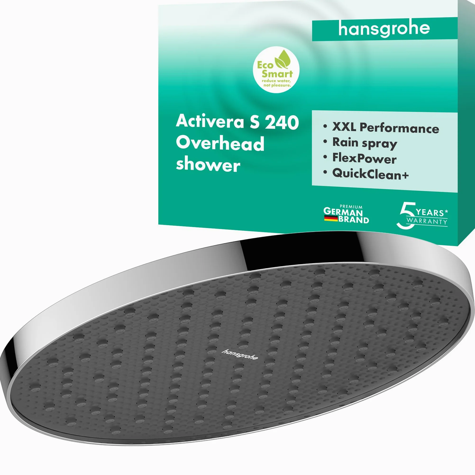 hansgrohe Activera S - oszczędzająca wodę deszczownica prysznicowa (EcoSmart), głowica prysznicowa (240 mm) z 1-strumieniowa dla montażu ściennego lub sufitowego, chrom, 28056000