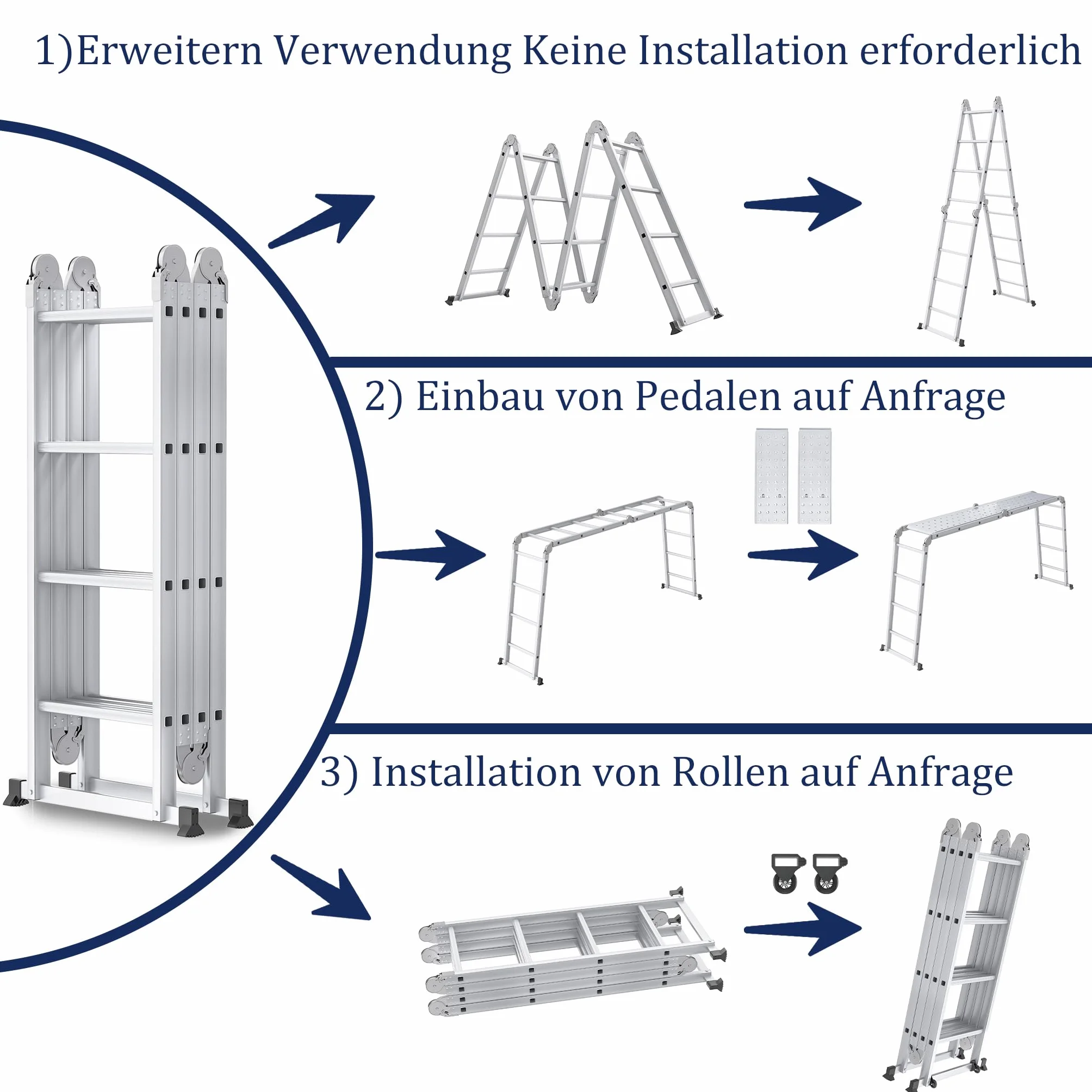 Aufun Aluminiowa drabina uniwersalna 470 cm 6 w 1 drabina aluminiowa, Drabina przegubowa z platformą 4x4 stopnie aluminiowa wielofunkcyjna schodowa,obciążenie 150 kg