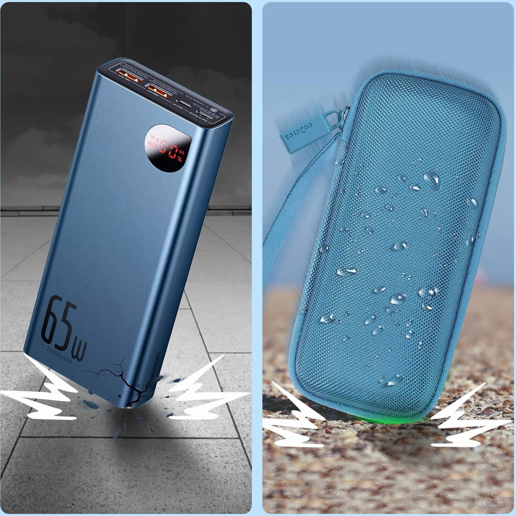 co2CREA Twarde etui zamiennik do Power Bank 65 W 20000 mAh przenośna ładowarka do laptopa szybkie ładowanie akumulatora, niebieskie etui