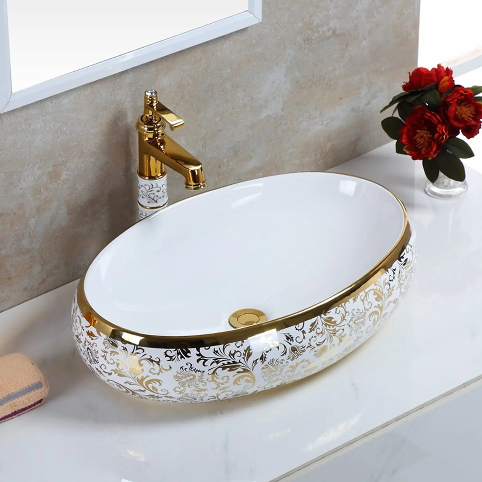 Umywalka Łazienkowa W Stylu Europejskim, Owalna, Ceramiczna, Nablatowa, Luksusowa, Porcelanowa, Złota, Nablatowa, Umywalka Łazienkowa, Umywalka Nablatowa(60X40Cm)