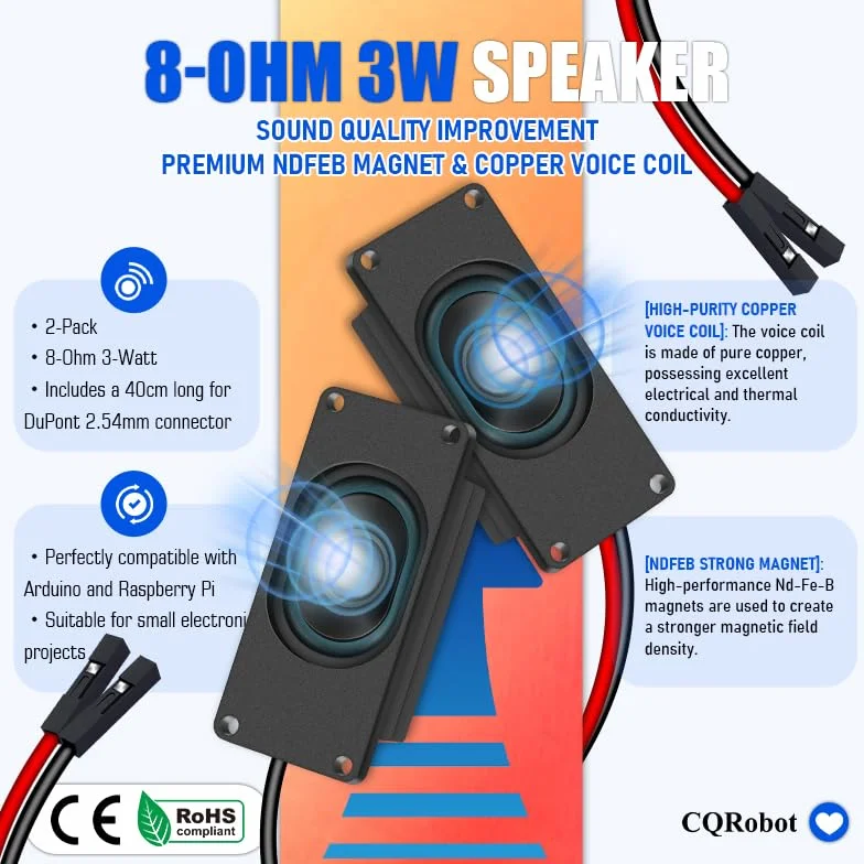 CQRobot Miniaturowy głośnik 3 W, 8 omów, pasywny zamknięty głośnik audio/niskotonowy kompatybilny z płytą Arduino. Interfejs Dupont 2,54 mm, do różnych małych projektów elektronicznych DIY.