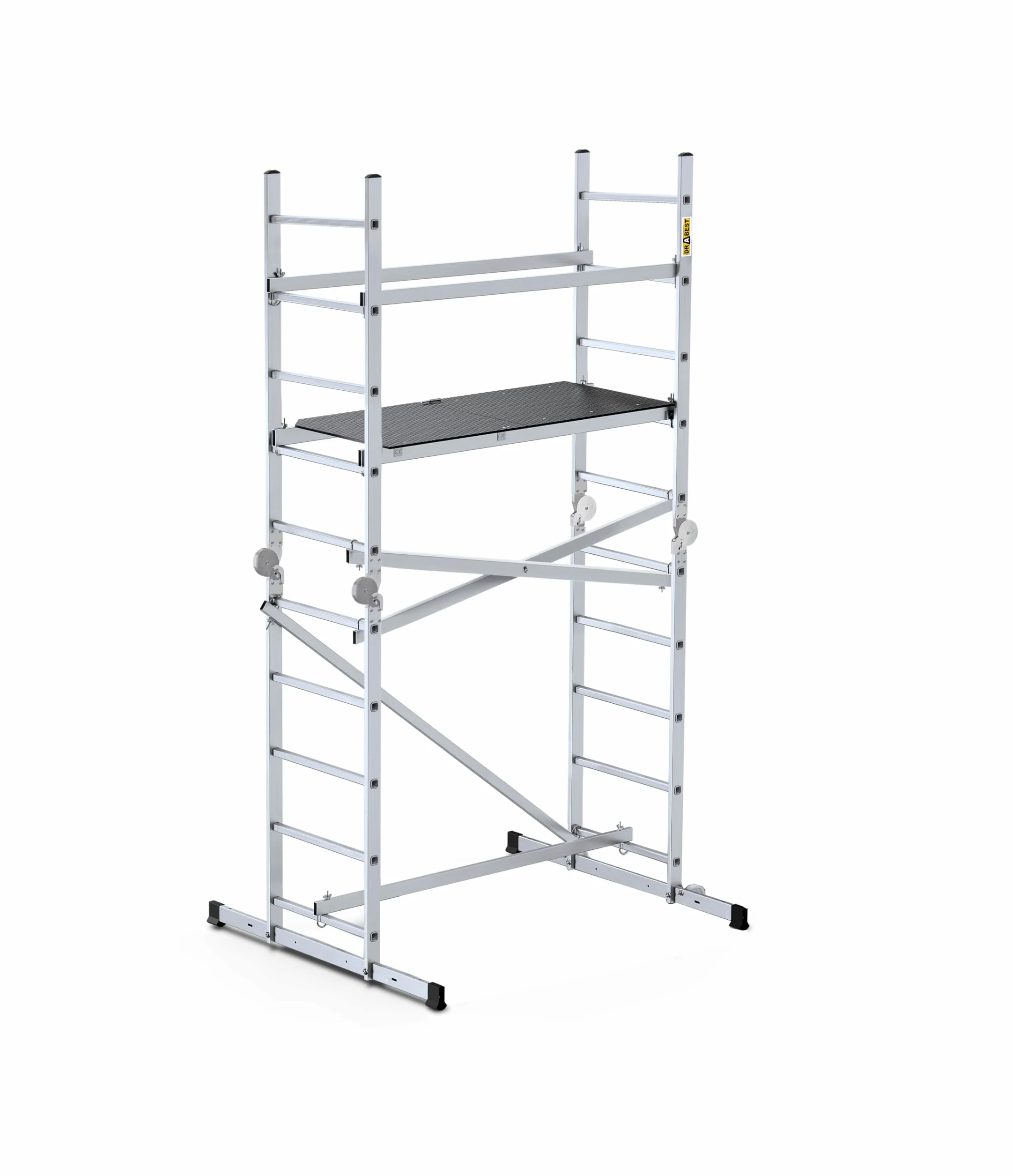 DRABEST Aluminiowe rusztowanie drabinowe Rusztowanie przegubowe Antypoślizgowe rusztowanie budowlane Rusztowanie jezdne o nośności do 150 kg – wysokość robocza 4 m