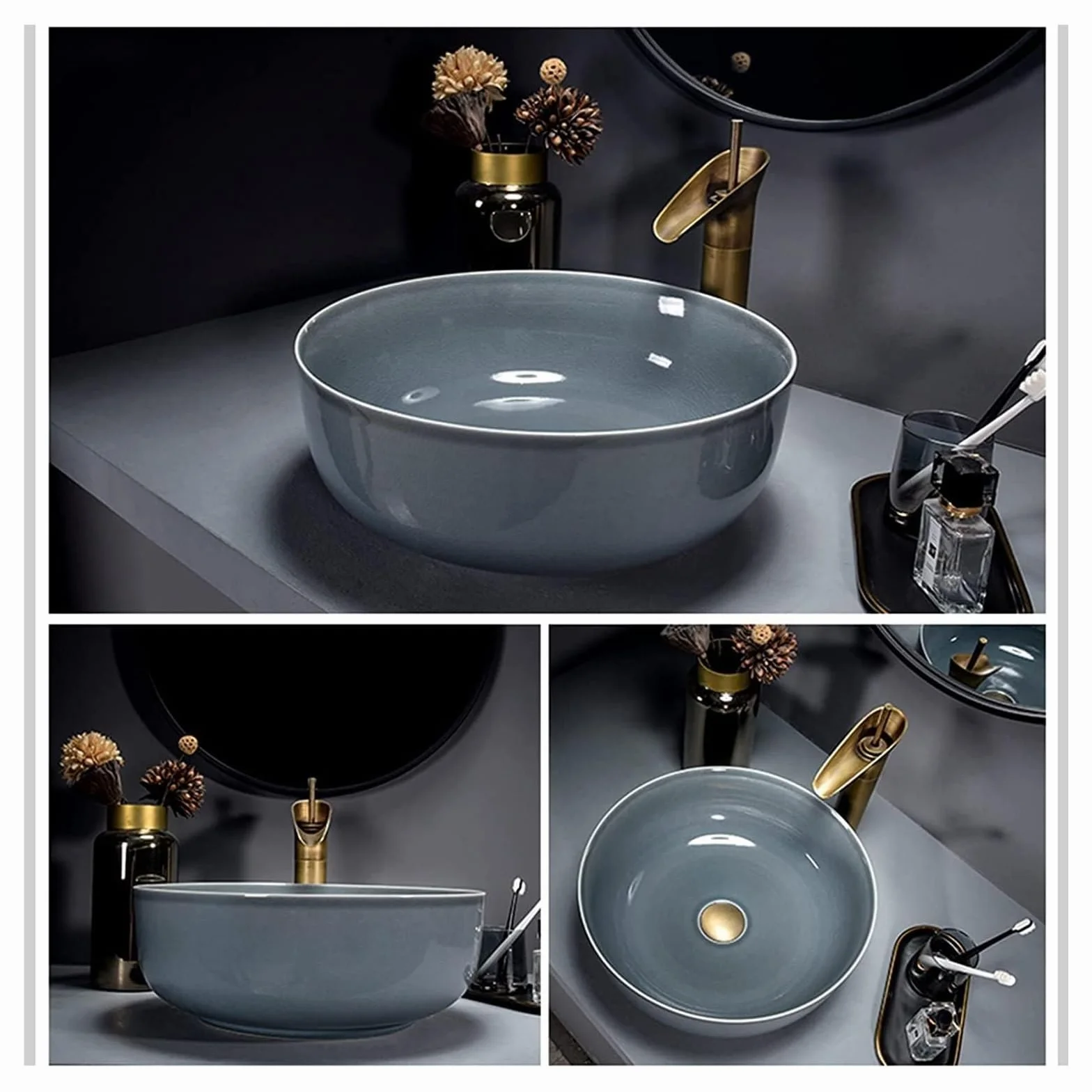 Ceramiczna Umywalka Łazienkowa, Umywalka Nablatowa, Szara, Okrągła, Ceramiczna Umywalka Nablatowa, Gładka, 42 * 42 * 14 Cm, Umywalka W Stylu Minimalistycznym