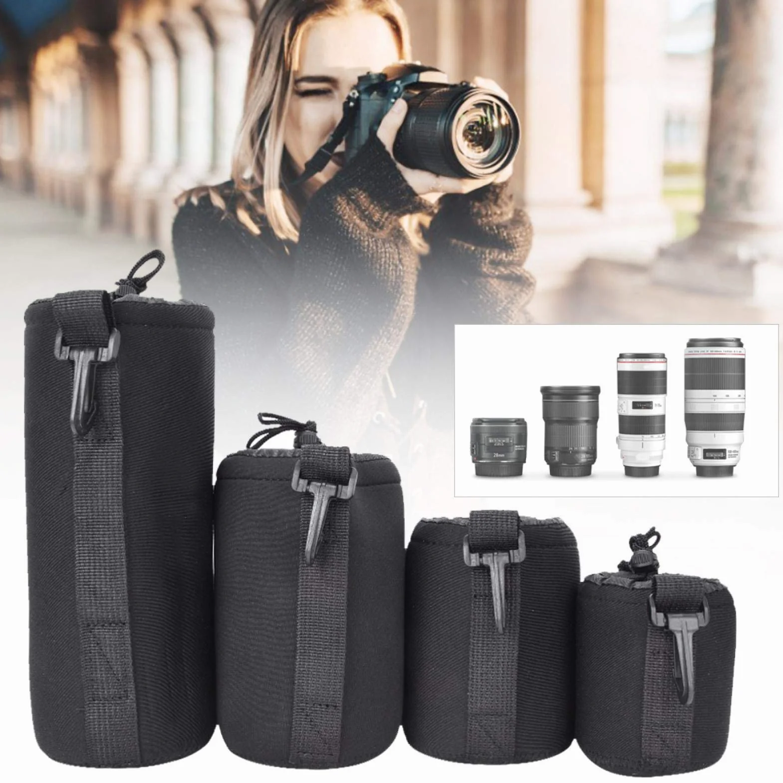 CHICIRIS 4 szt. torba do przechowywania soczewek neoprenowa dla obiektywów DSLR S M L XL