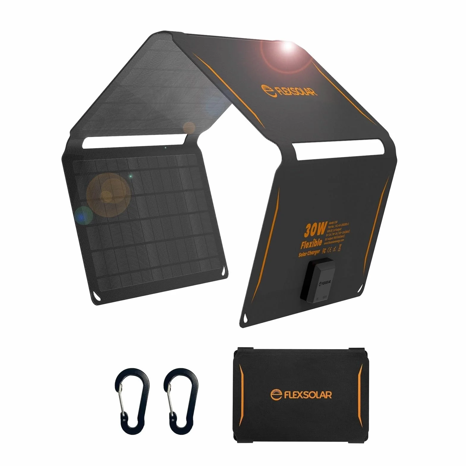 FlexSolar Przenośna ładowarka do paneli słonecznych 30 W, wodoodporny, składany panel słoneczny IP67 z portem USB QC3.0/DC, kompatybilny ze Smarthone, powerbankiem, elektrownią, do aktywności na