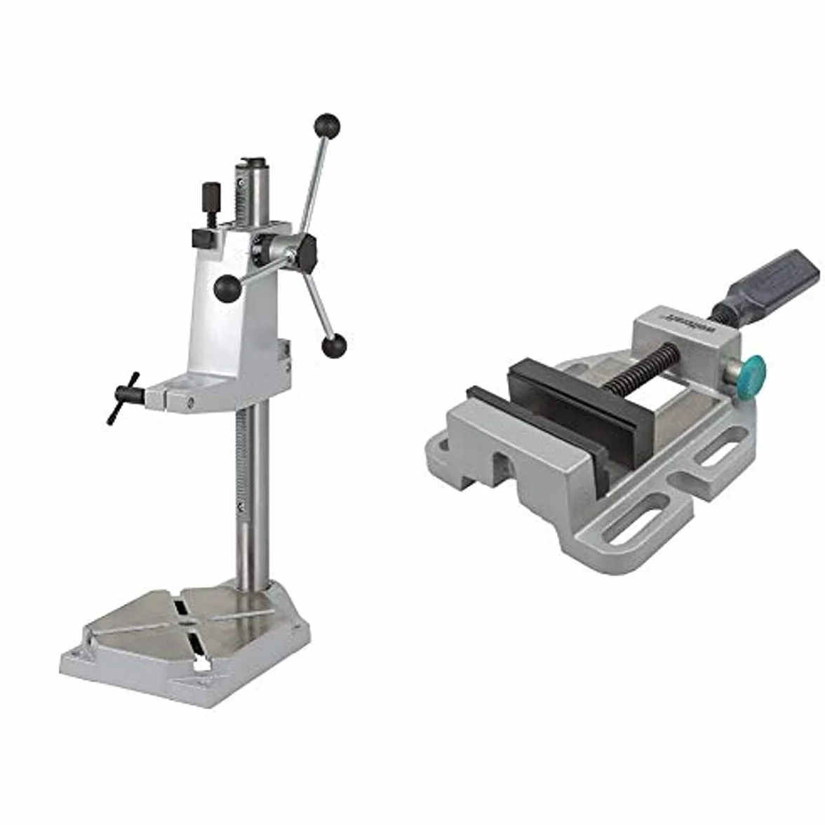 Wolfcraft Stojak Wiertarski, Srebrny, 305 mm & wolfcraft Imadło maszynowe I 3423000 I Z systemem szybkiego zacisku - Szerokość szczęki: 80 mm - Zakres zacisku: 80 mm