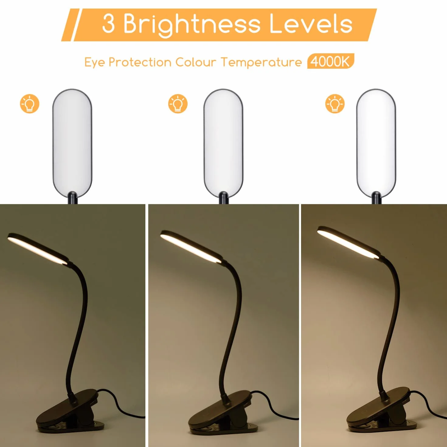 Aigostar Lampa do Czytania z Klipsem - Lampka Nocna LED Zasilana USB (Bez Baterii), 3 Poziomy Jasności, Elastyczne Ramię 360°, Ochrona Oczu 4000K, Idealna do Łóżka i Biurka, Czarna