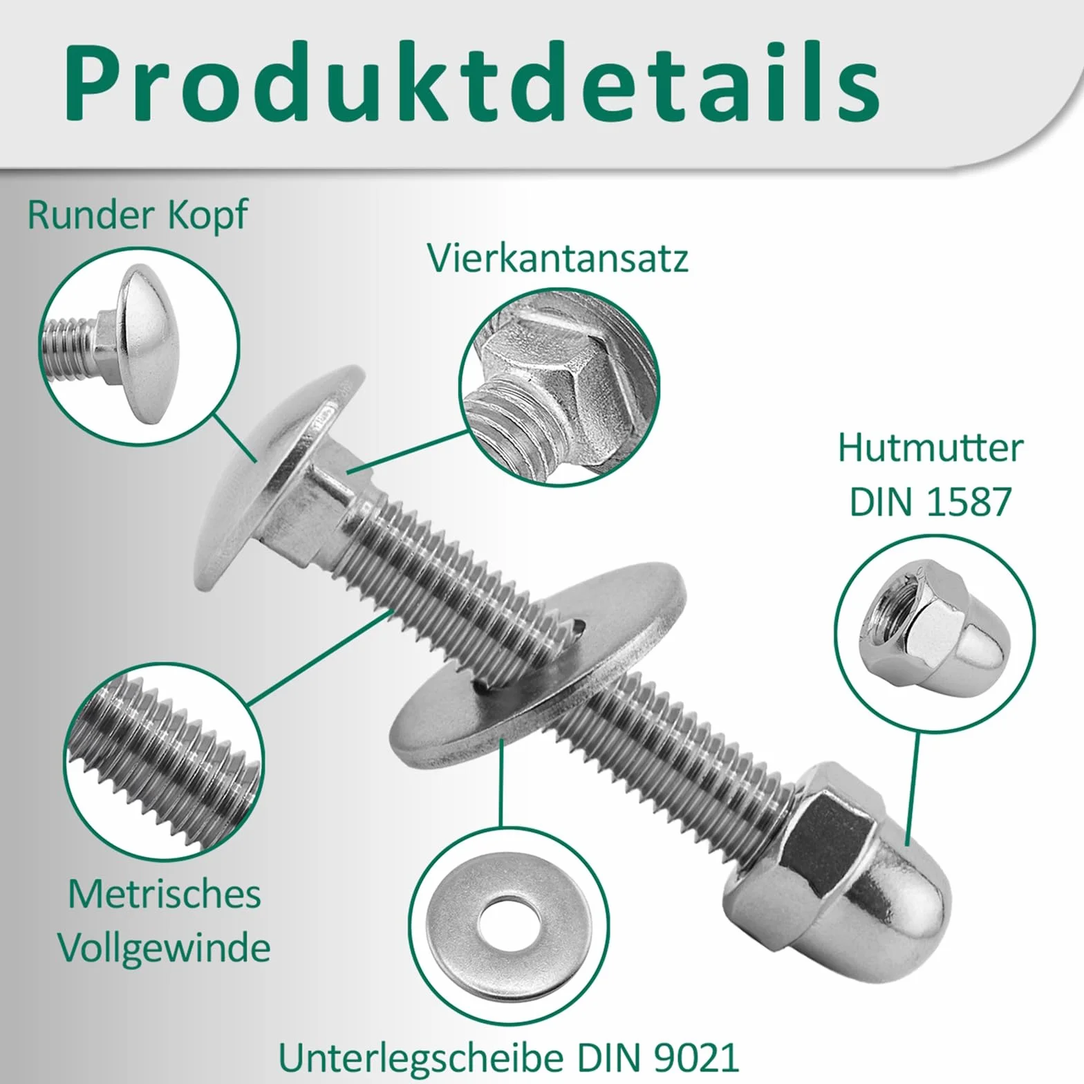 DSM – śruby zamkowe M12 x 35 mm zgodnie z normą DIN 603 – M12 nakrętka nakrętka DIN 1587 i podkładka DIN 9021 – stal nierdzewna A2/V2A – pełny gwint – śruby z łbem płaskim z nasadką czworokątną – 100