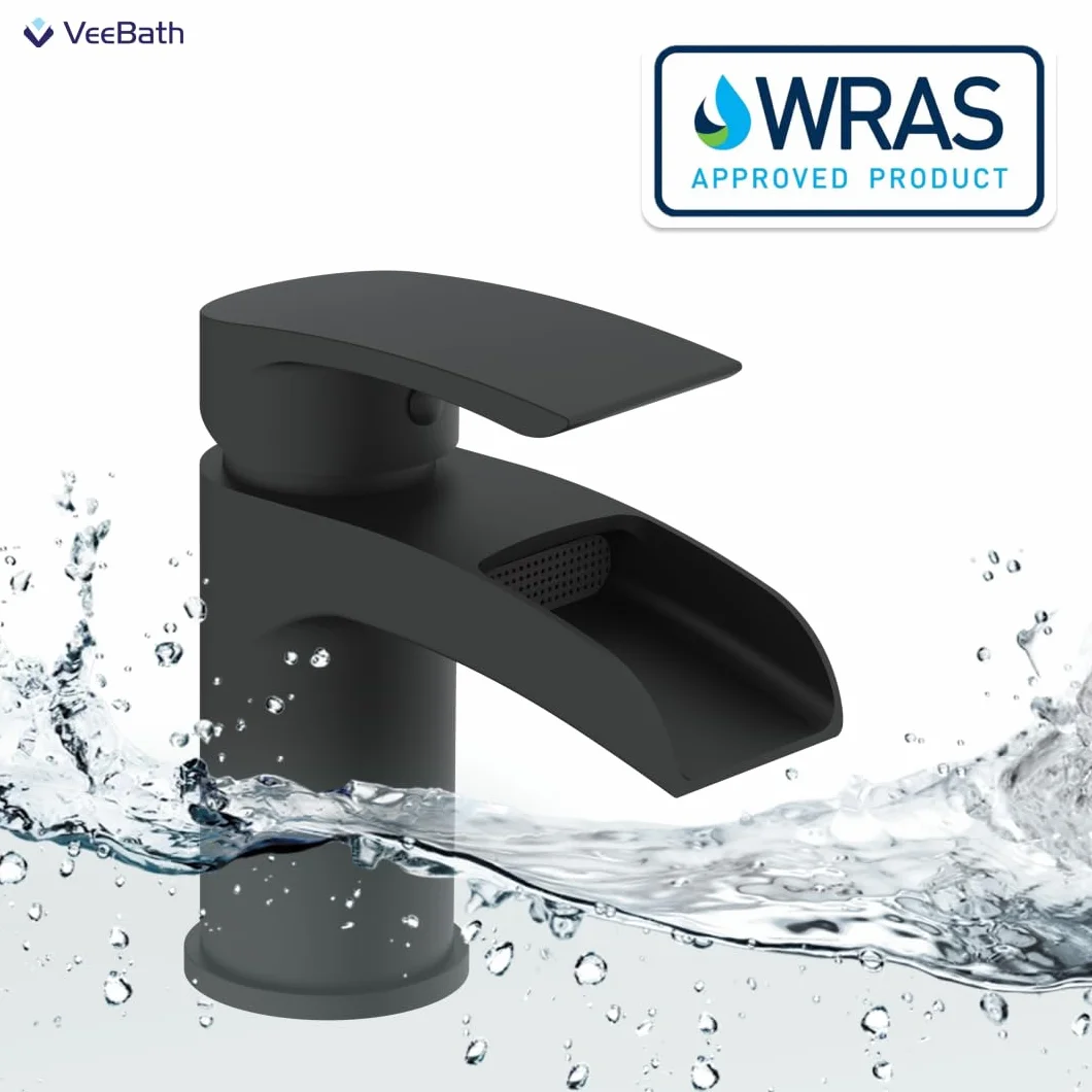 VeeBath Stream Round Waterfall Mono bateria umywalkowa - matowe czarne wykończenie, pojedyncza dźwignia, nowoczesna bateria umywalkowa z odpadami, bateria łazienkowa montowana na blacie, współczesny