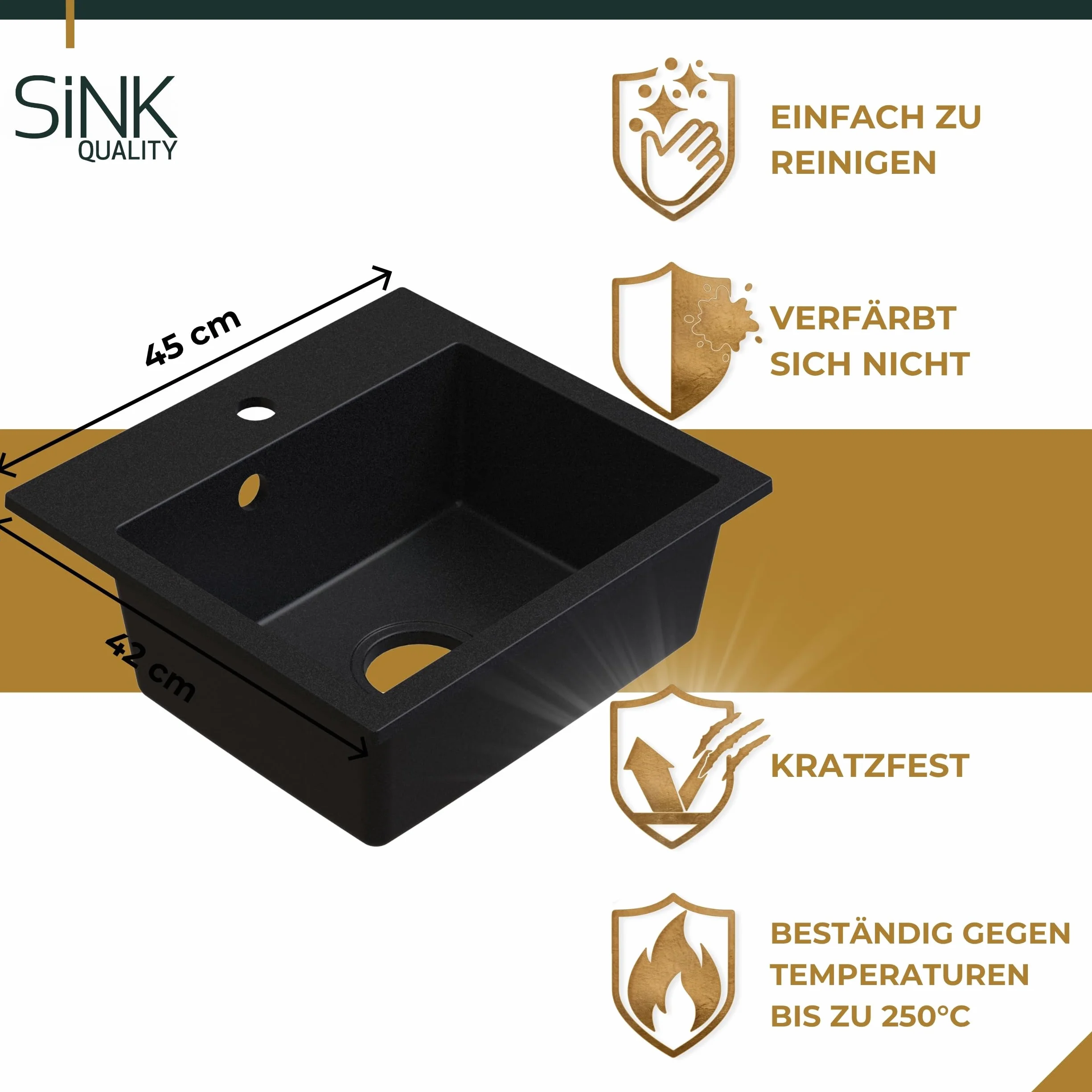 SINK Quality zlewozmywak czarny 45 × 42 cm – zlewozmywak z syfonem i impregnacją – umywalka do szafki pod umywalkę od 45 cm – zlewozmywak granitowy 1 umywalka – czarny zlew bez ociekacza