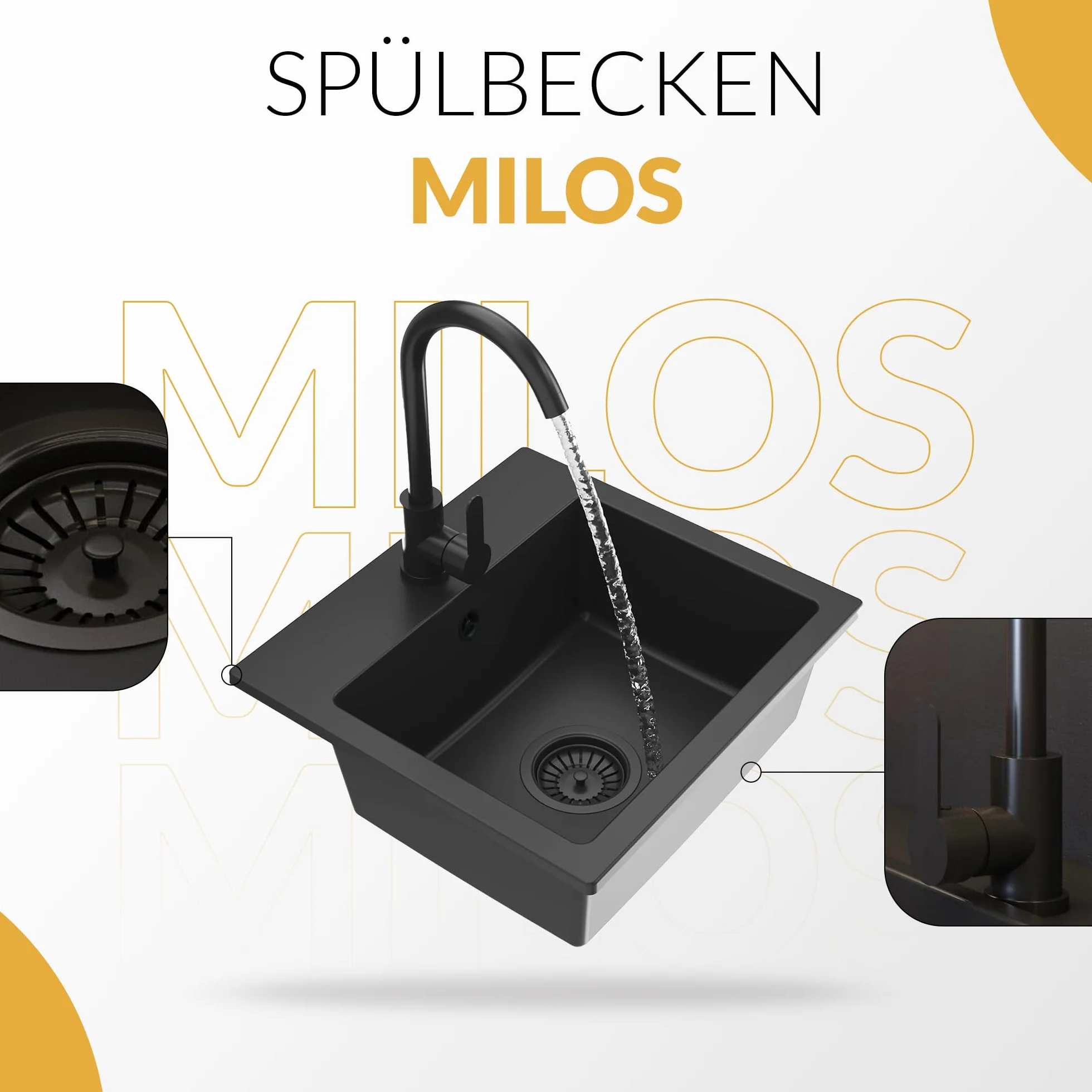 Granitan Zlewozmywak Milos 44,5 x 41,5 cm – umywalka do kuchni z armaturą kuchenną – zlewozmywak granitowy z dwoma otworami – zlewozmywak do zabudowy z syfonem – głęboka czerń (również czarny syfon)