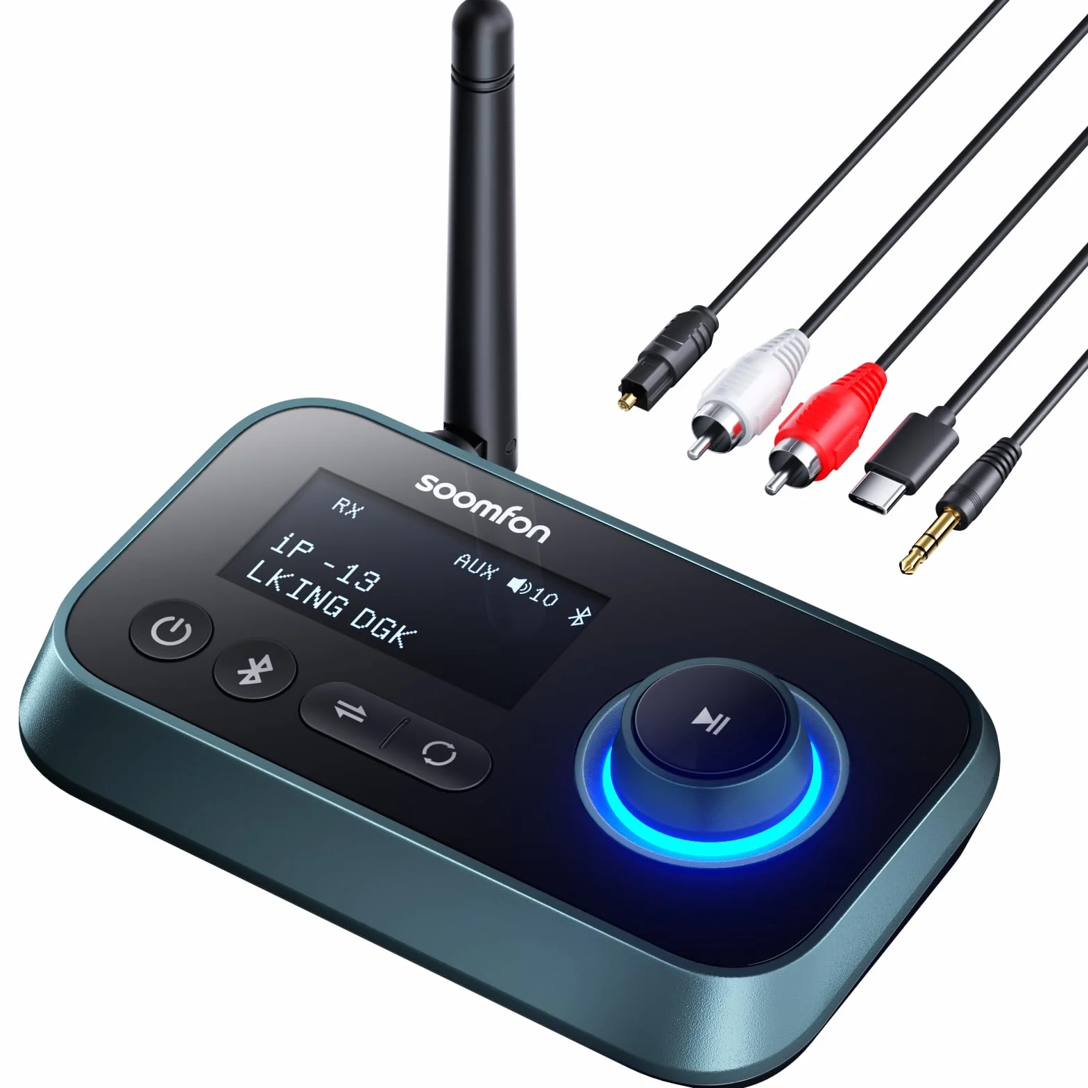 Adapter audio Bluetooth 5.0, SOOMFON Bluetooth nadajnik-odbiornik 3-w-1 do telewizora, stereo, słuchawek, głośników - nadajnik-odbiornik Bluetooth z ekranem, 3,5 mm Aux, RCA, kabel optyczny