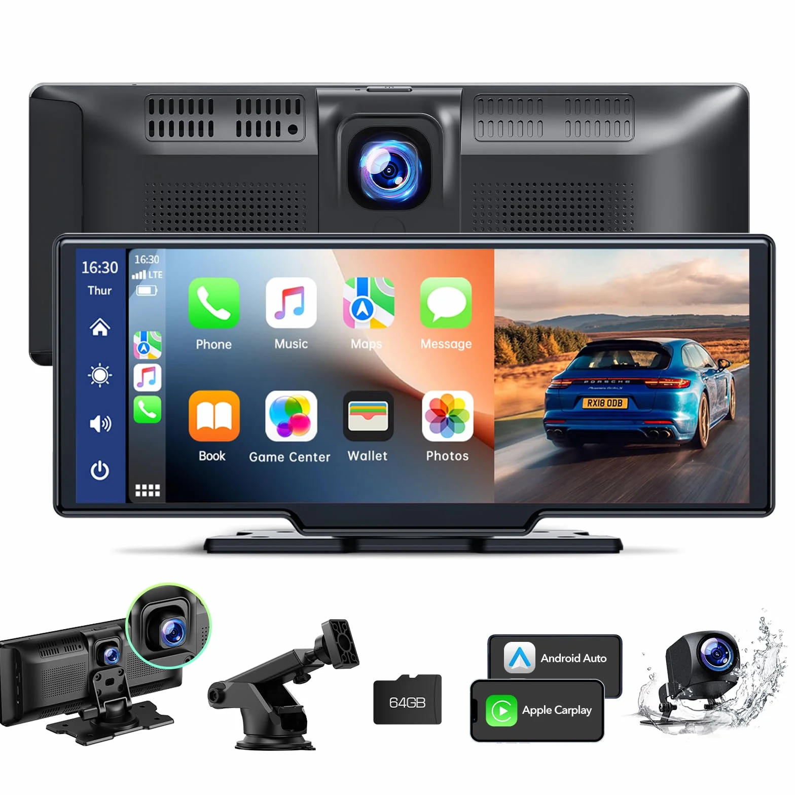 LAMTTO Bezprzewodowe radio samochodowe CarPlay Android 9,26" 2,5K+1080p kamera 64GB TF Bluetooth nawigacja Mirror Link Siri/G00gle AUX/FM