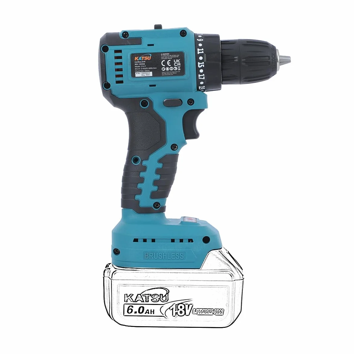 KATSU Tools KATSU FIT-BAT 21 V bezszczotkowa wiertarko-wkrętarka akumulatorowa, 10 mm uchwyt bezkluczykowy, 2 biegi biegów i światło LED, idealna do domowych zadań DIY, bez baterii i ładowarki 102363