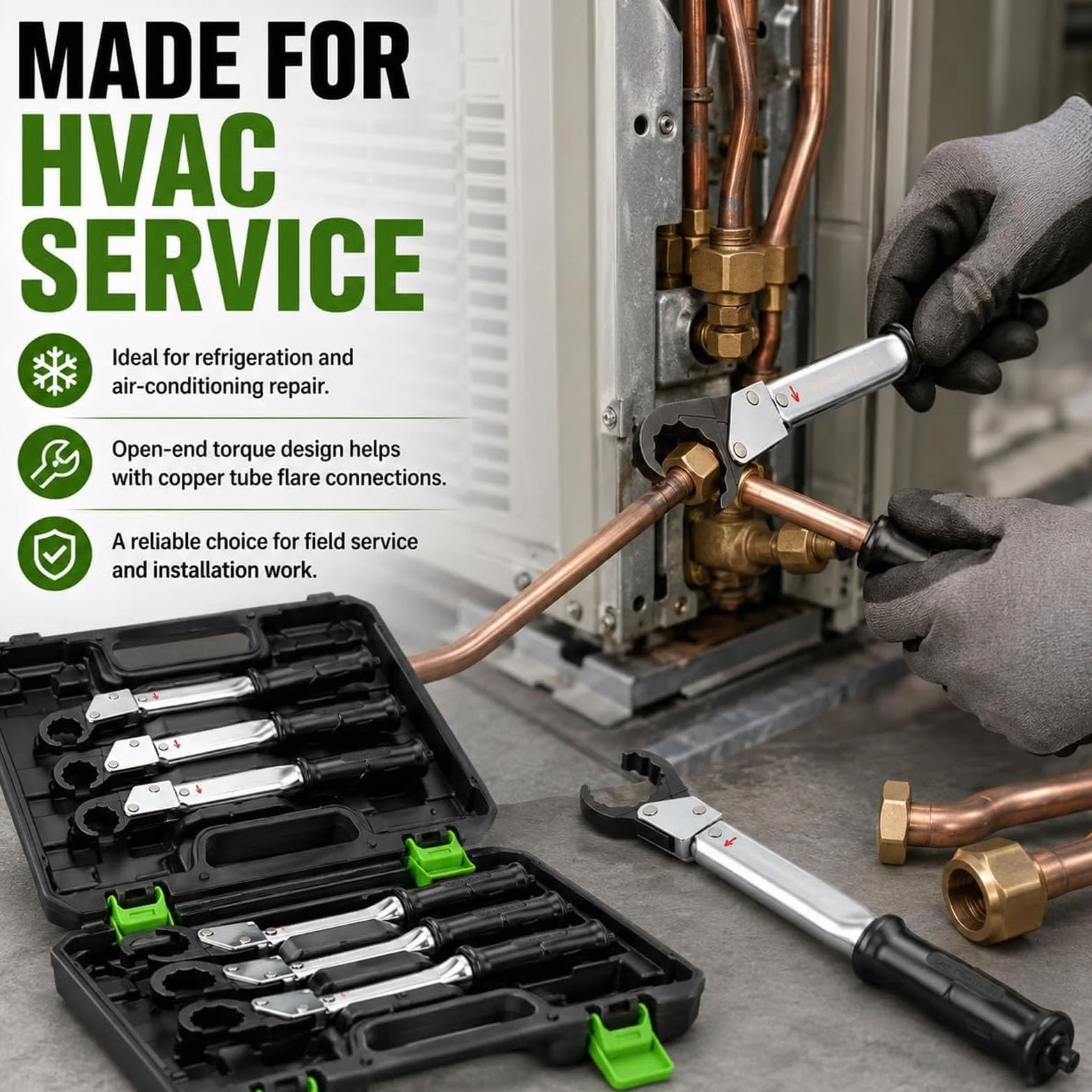 Zestaw kluczy obrotowych do 1/4 ", 3/8", 1/2 '', 5/8" rury miedzianej | Klucz serwisowy HVAC regulowany 18-75 Nm, klucz dynamometryczny z otwartym końcem, klucz do klimatyzacji i chłodnictwa
