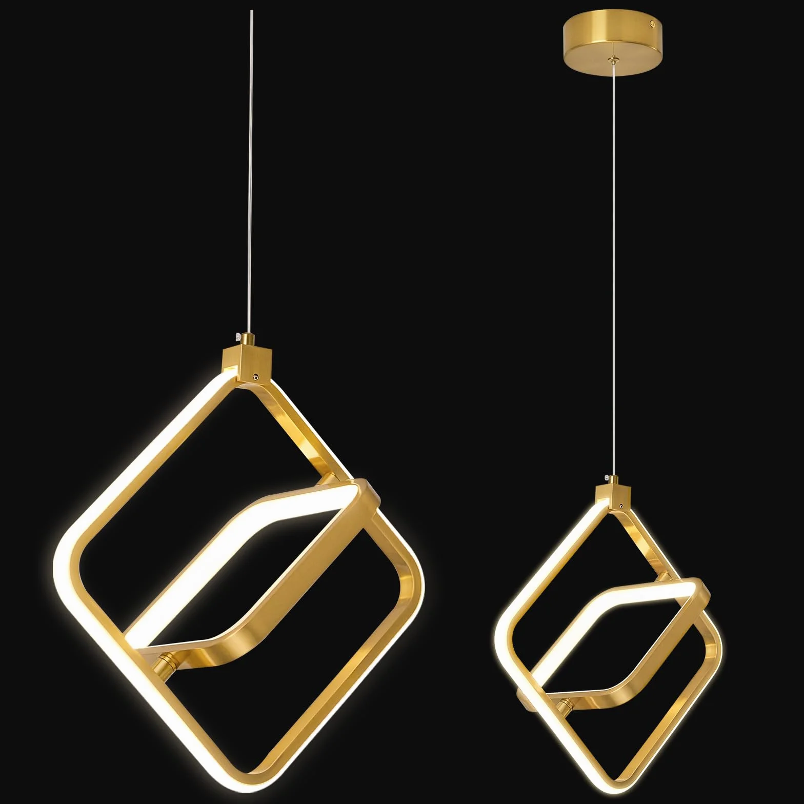 Nowoczesna lampa wisząca LED, złoty pierścień, żyrandol z regulacją wysokości, pasuje do kuchni, wyspy, sypialni, salonu, foyer (prostokątny, 2 pierścienie)
